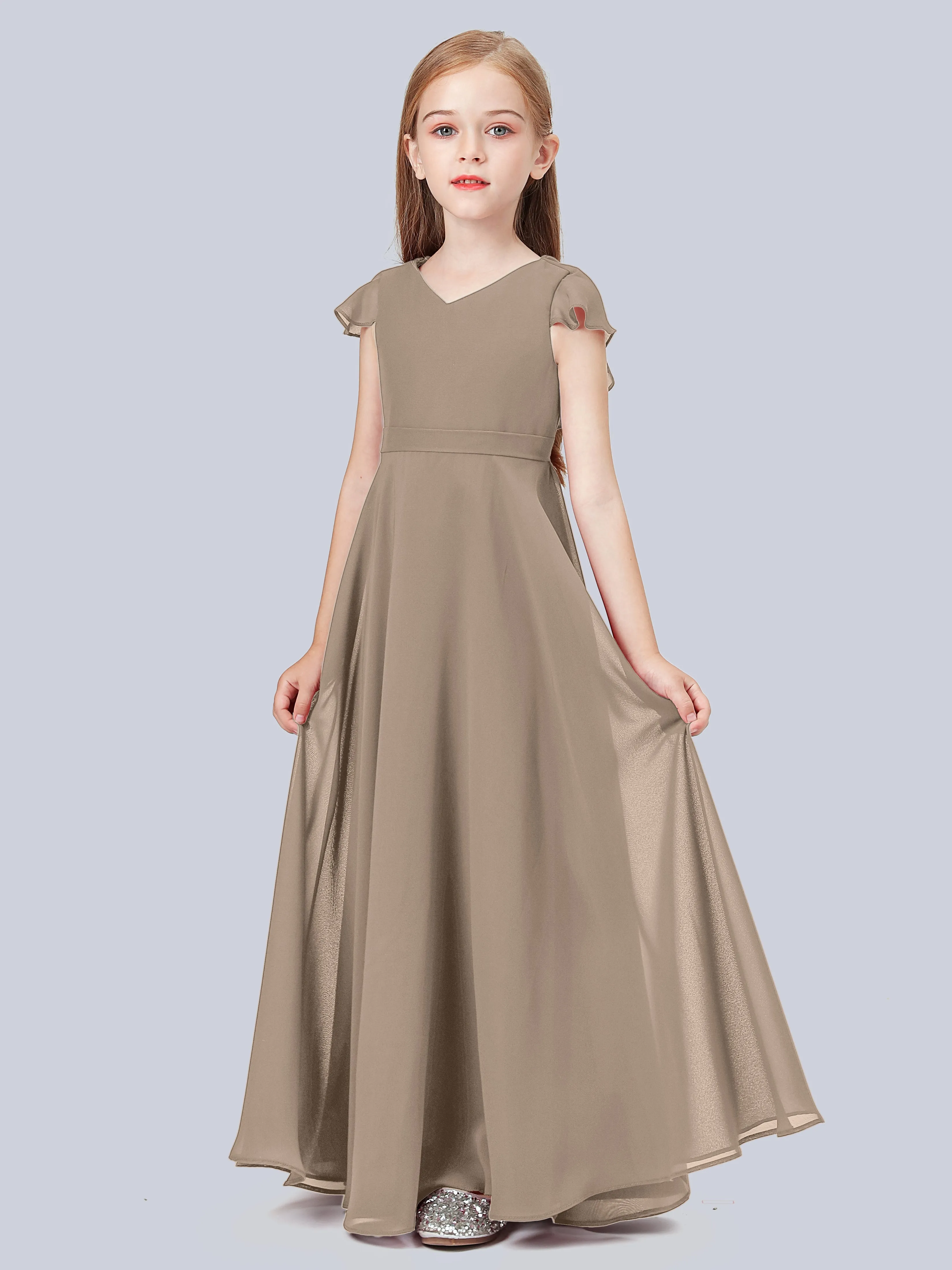 Flounce Cap Sleeves Chiffon Junior Bridesmaid Dress