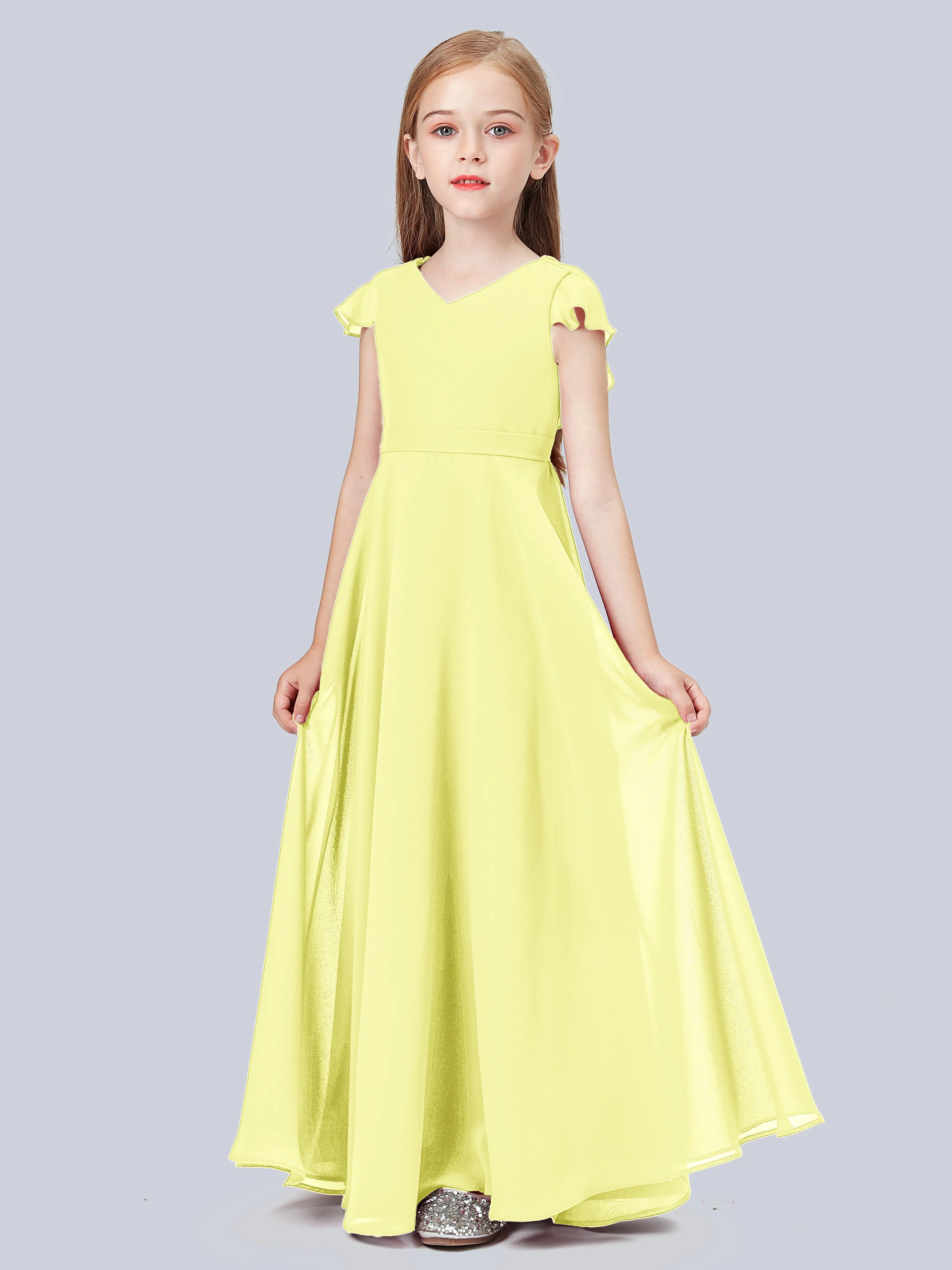 Flounce Cap Sleeves Chiffon Junior Bridesmaid Dress