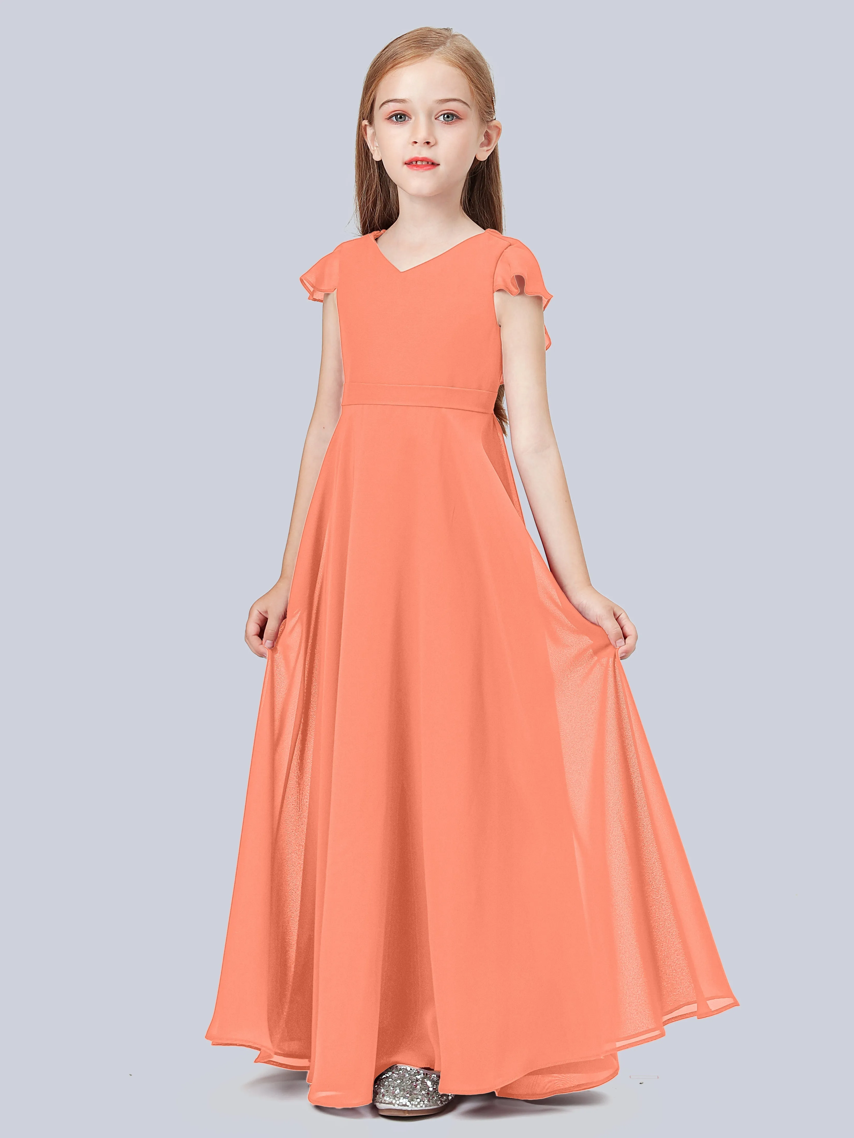 Flounce Cap Sleeves Chiffon Junior Bridesmaid Dress