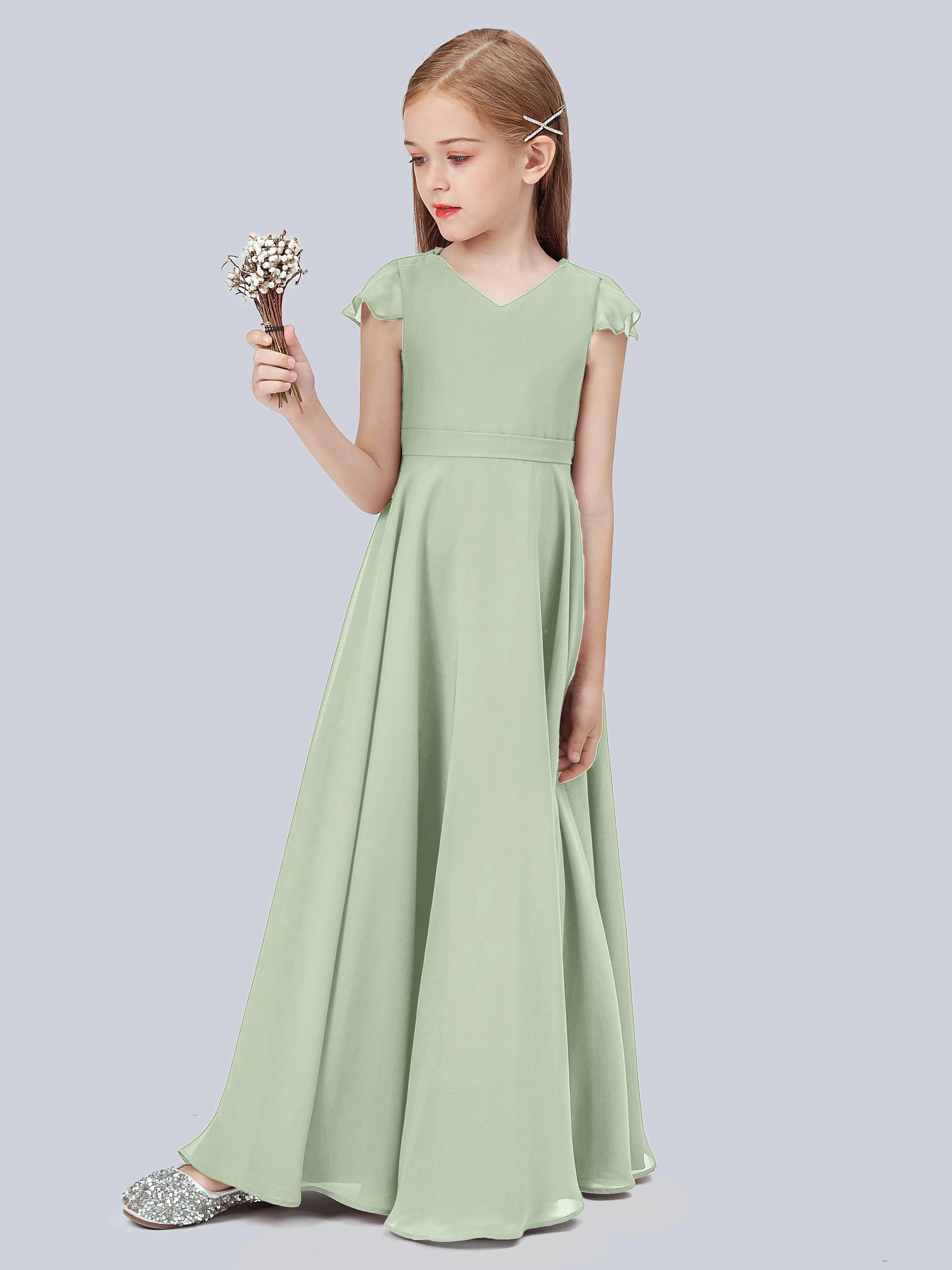 Flounce Cap Sleeves Chiffon Junior Bridesmaid Dress