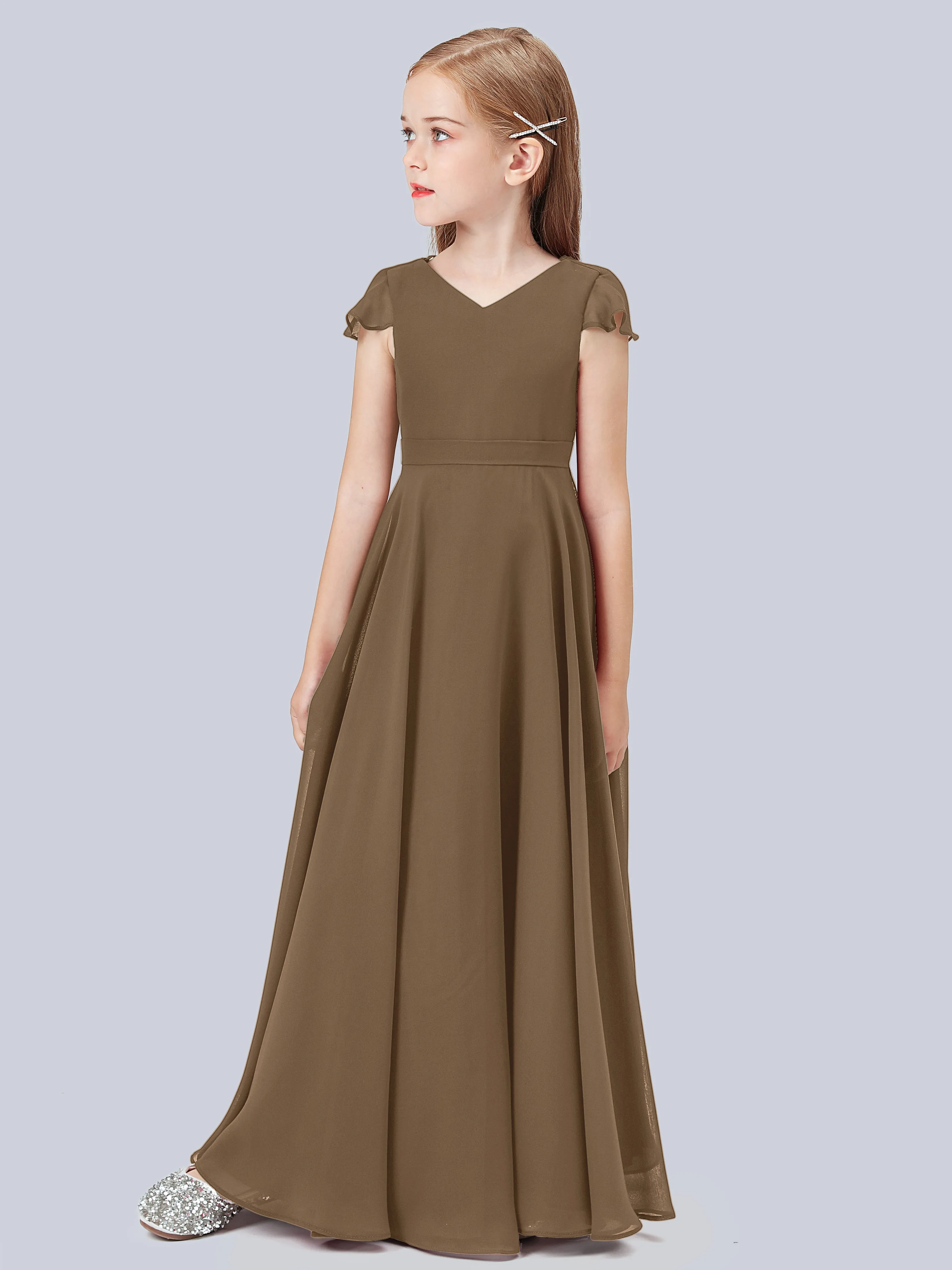 Flounce Cap Sleeves Chiffon Junior Bridesmaid Dress