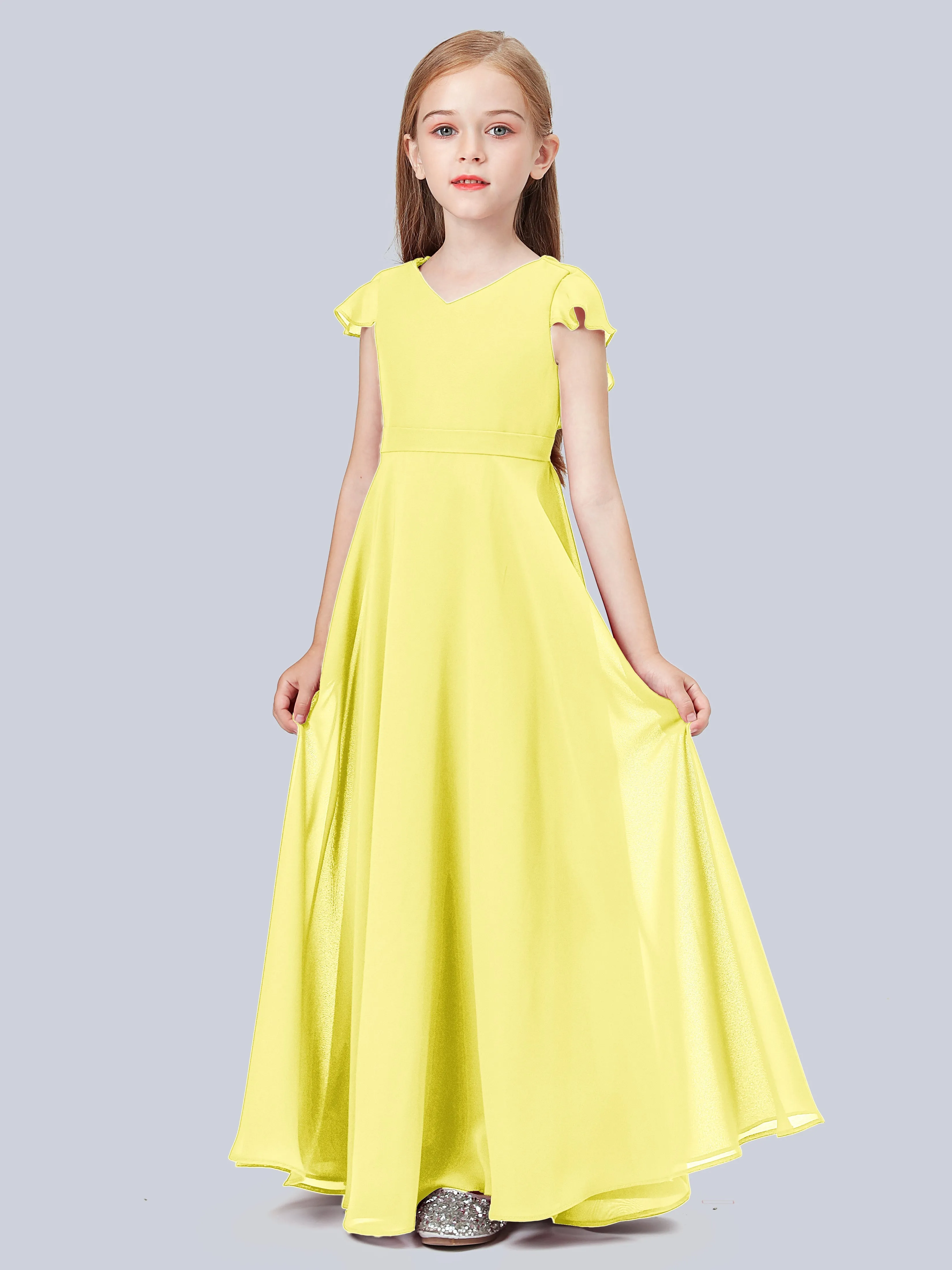 Flounce Cap Sleeves Chiffon Junior Bridesmaid Dress