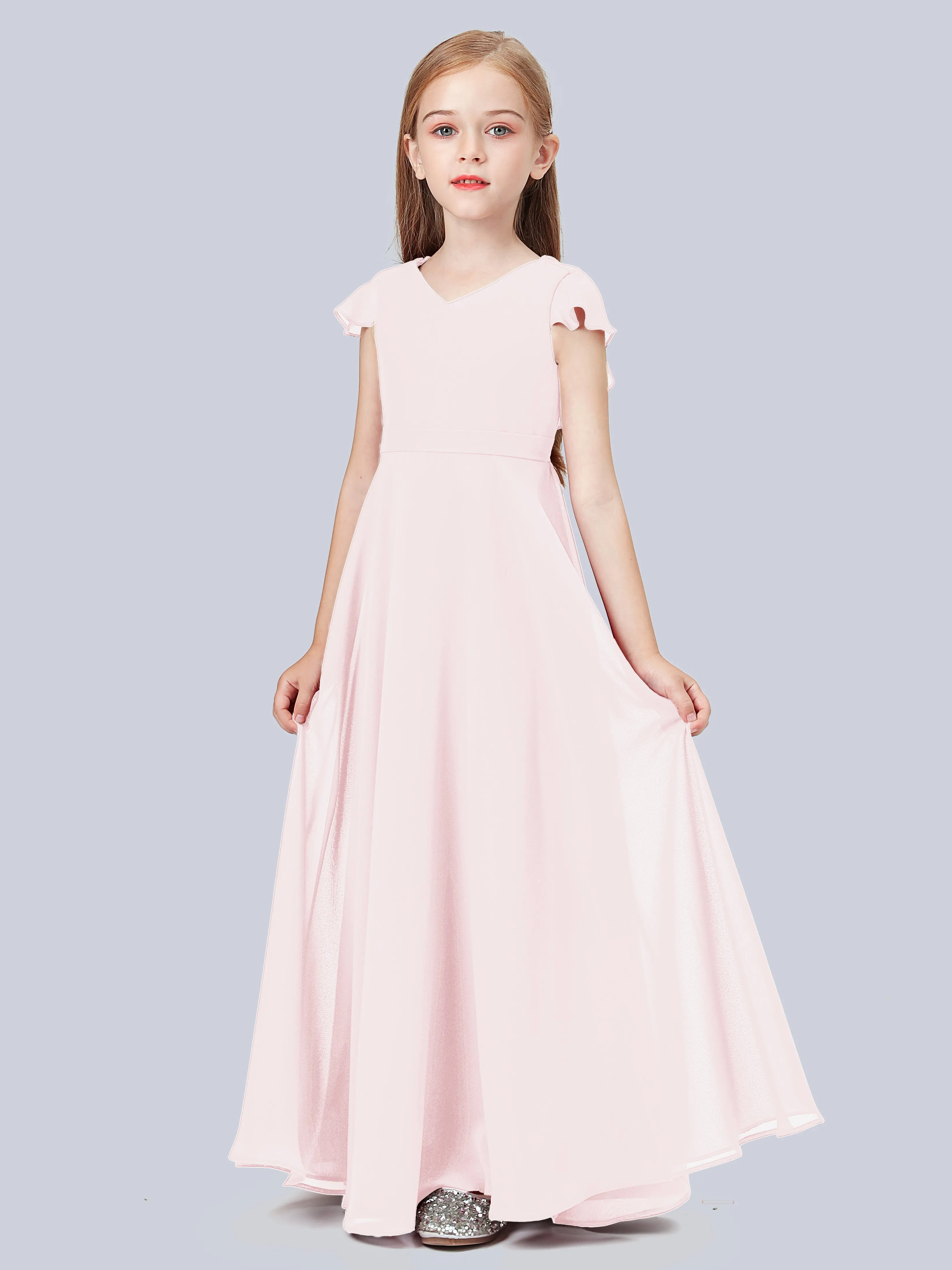 Flounce Cap Sleeves Chiffon Junior Bridesmaid Dress