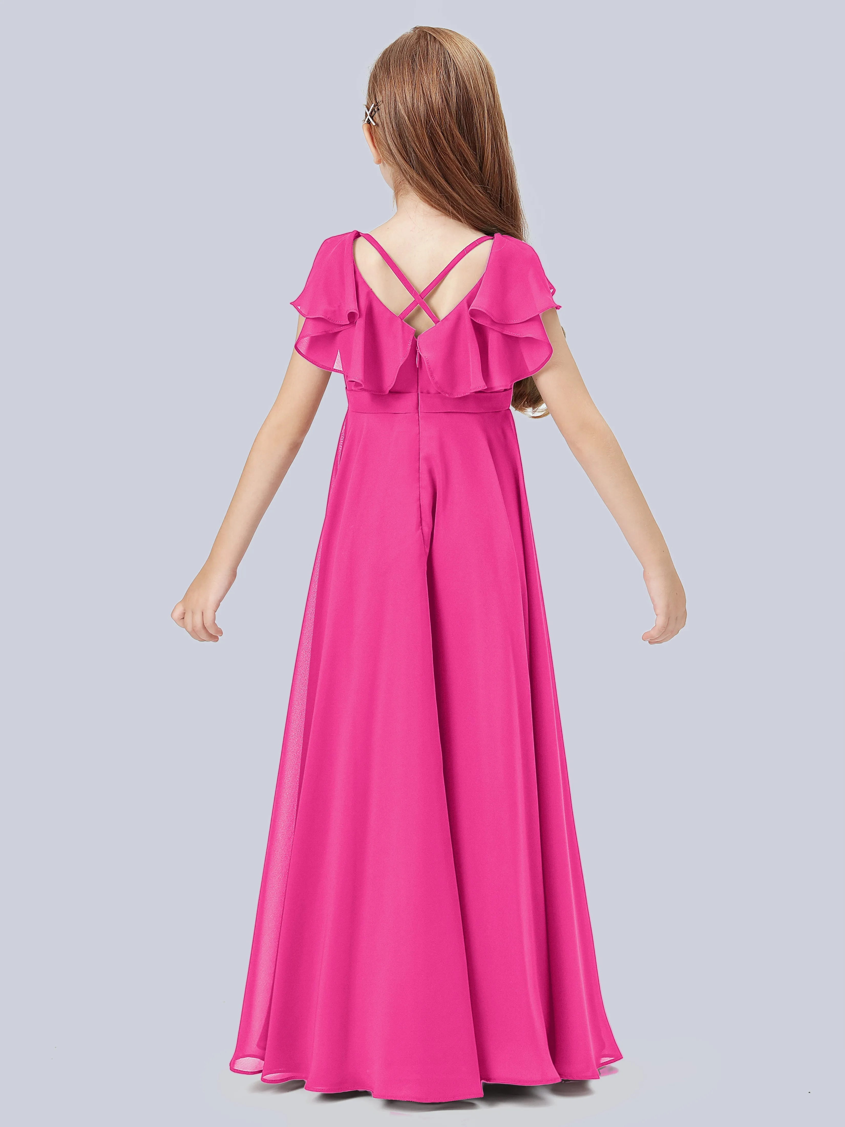 Flounce Cap Sleeves Chiffon Junior Bridesmaid Dress