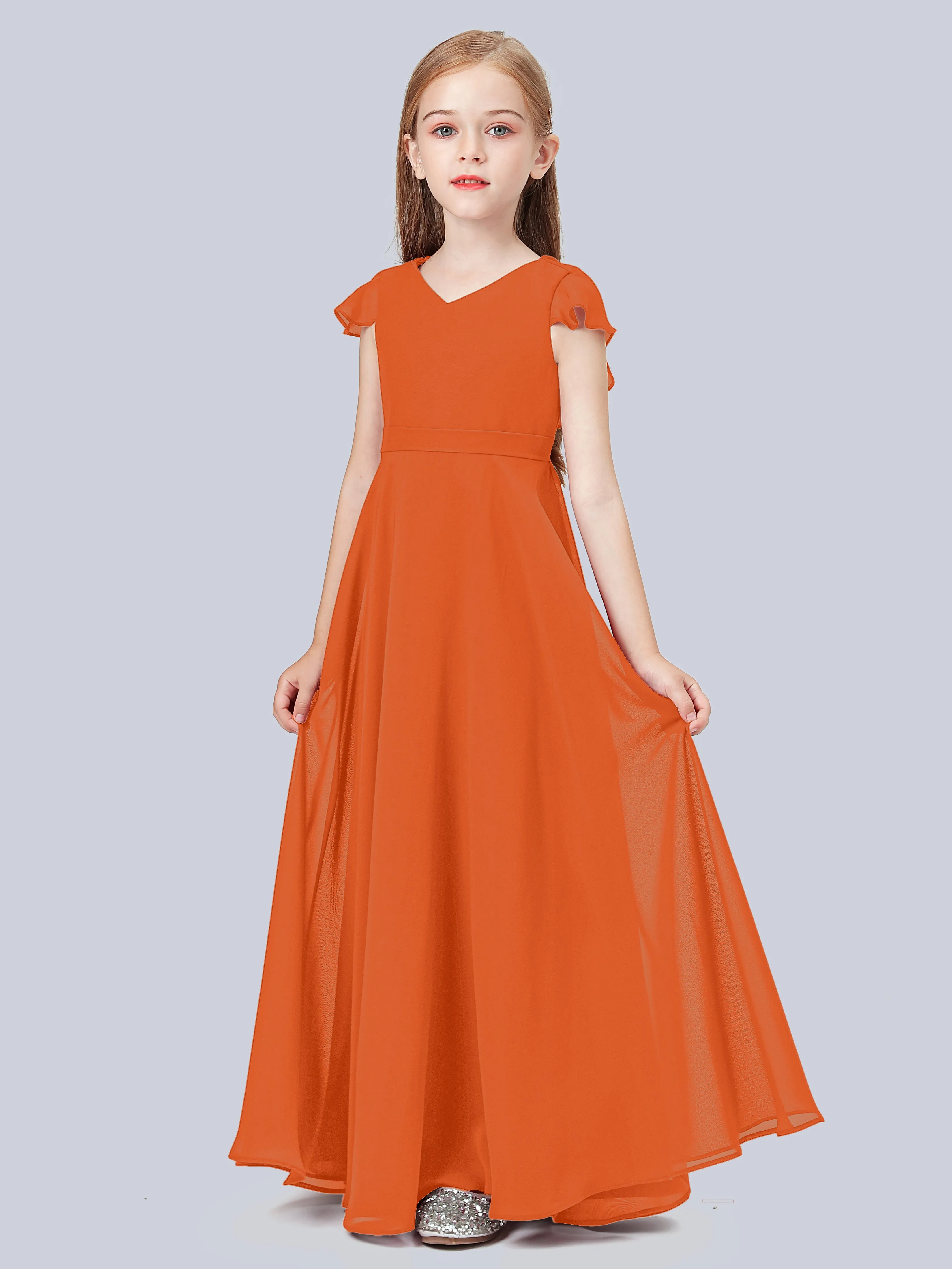 Flounce Cap Sleeves Chiffon Junior Bridesmaid Dress