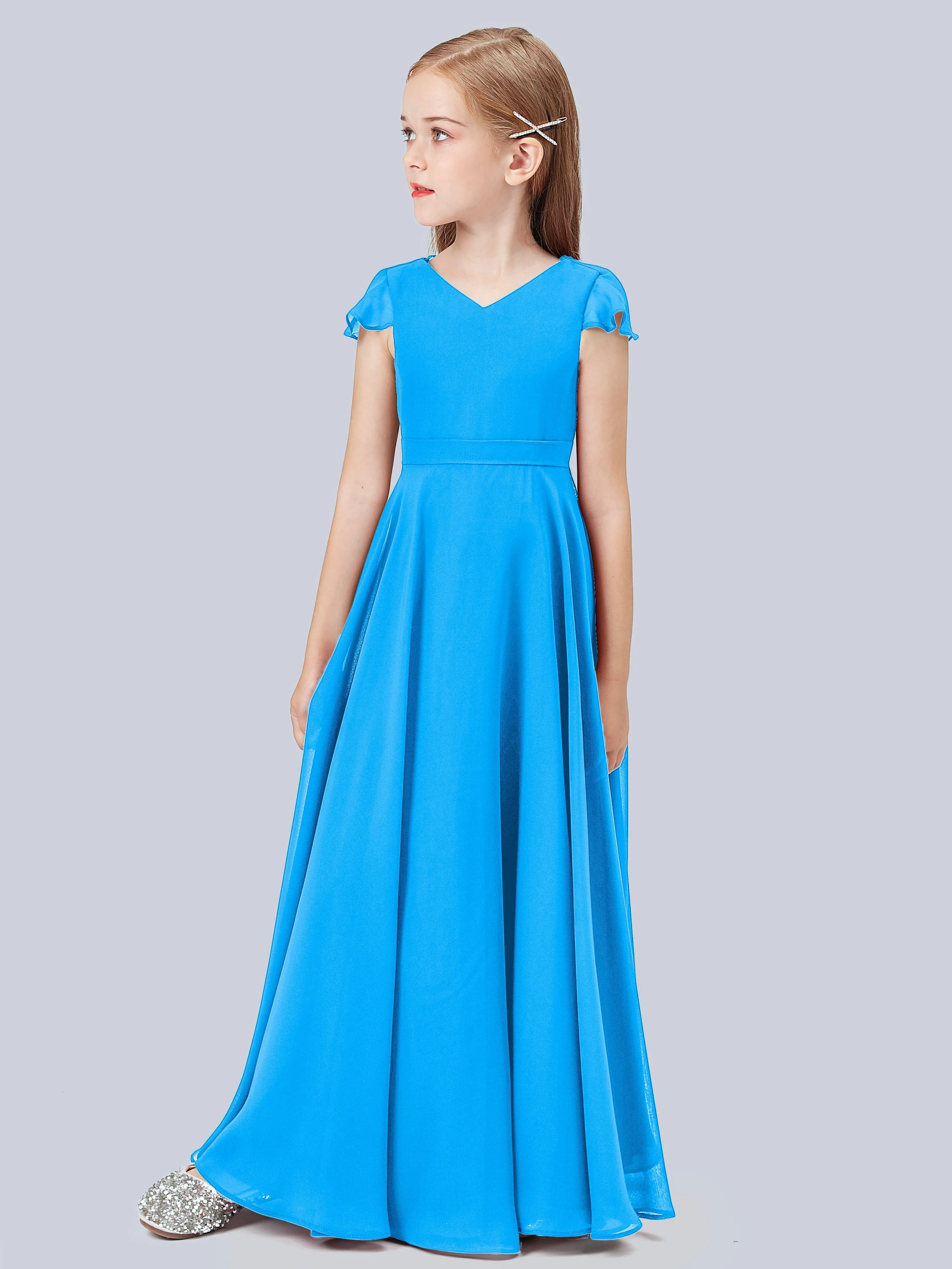 Flounce Cap Sleeves Chiffon Junior Bridesmaid Dress