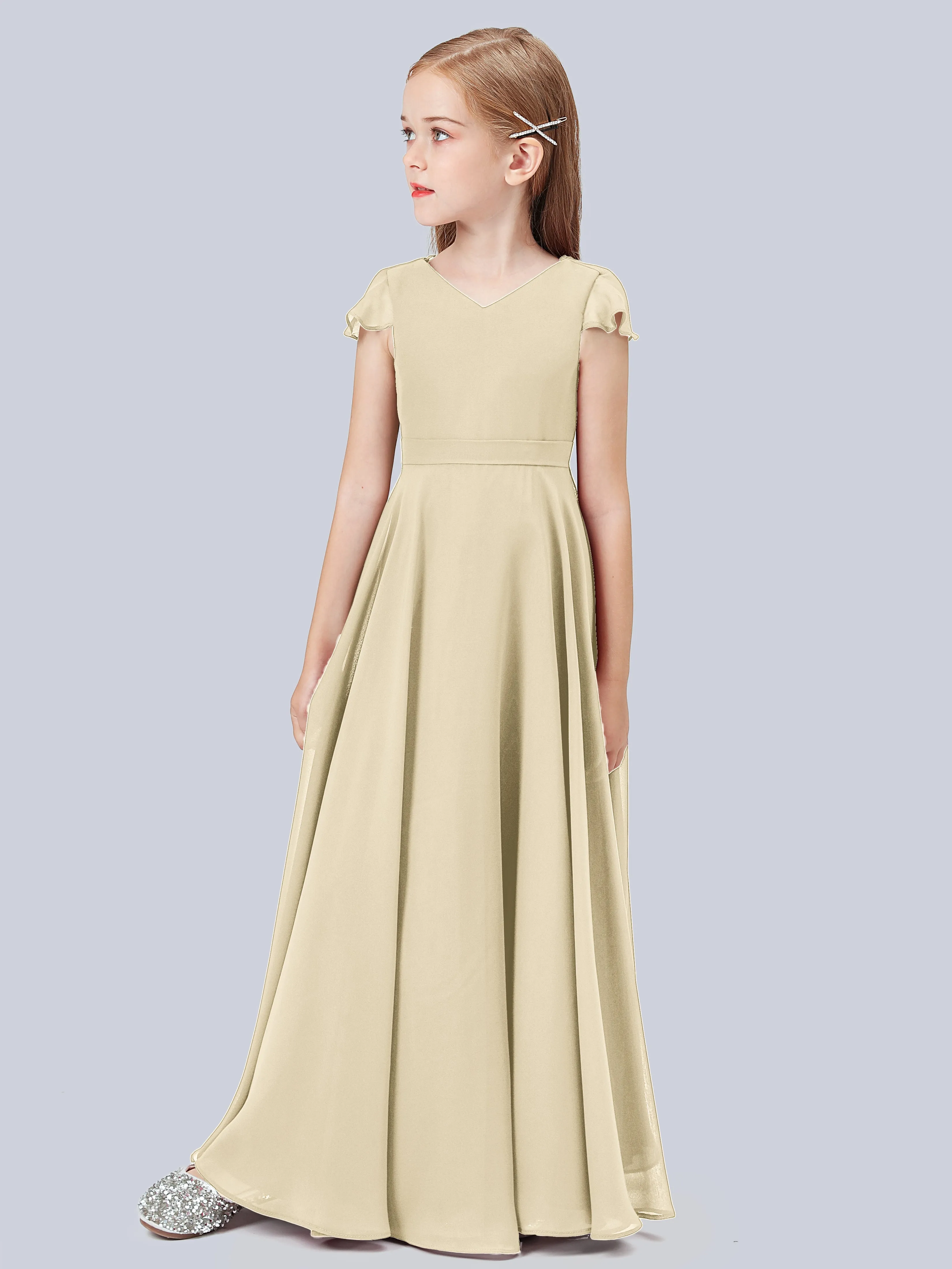 Flounce Cap Sleeves Chiffon Junior Bridesmaid Dress