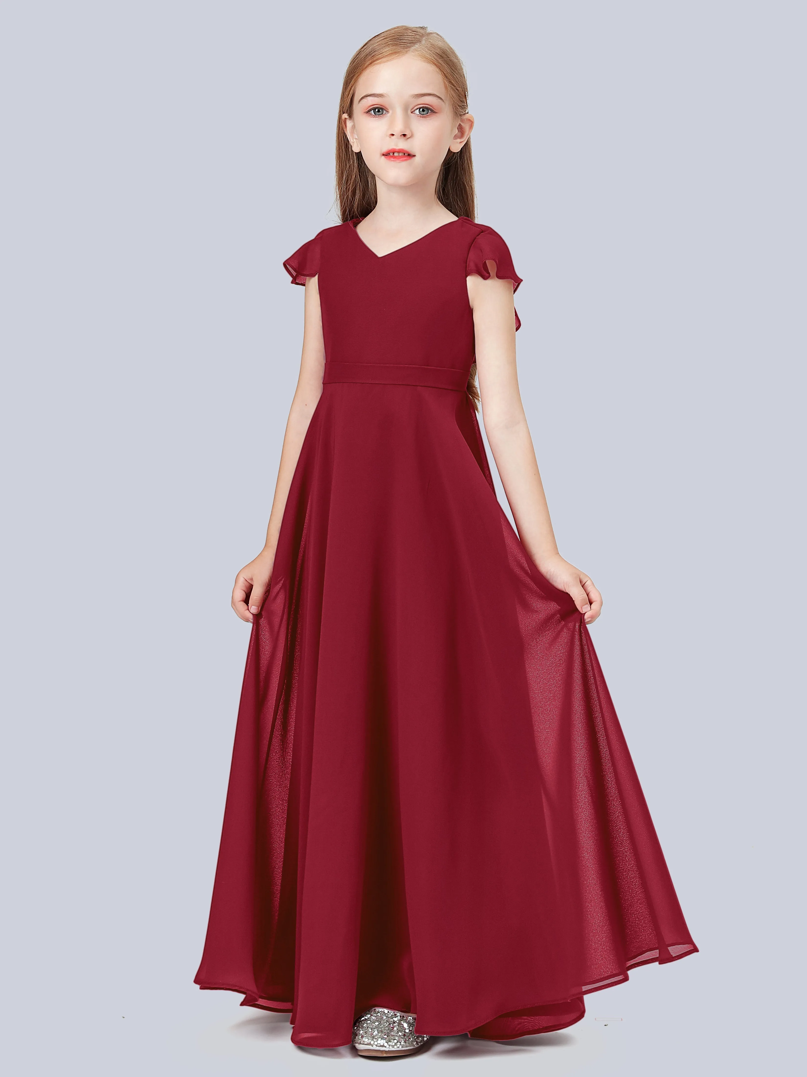 Flounce Cap Sleeves Chiffon Junior Bridesmaid Dress