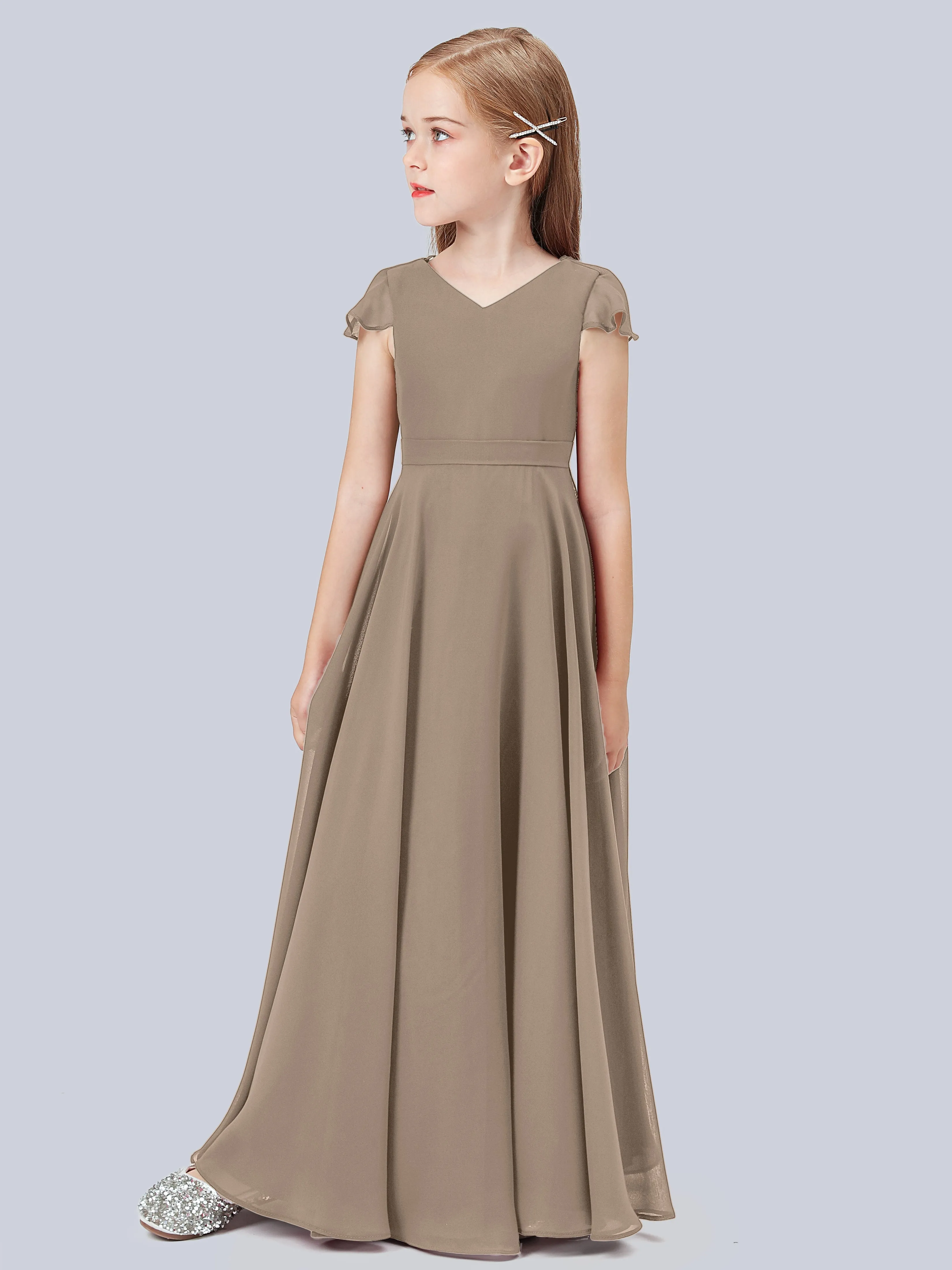 Flounce Cap Sleeves Chiffon Junior Bridesmaid Dress