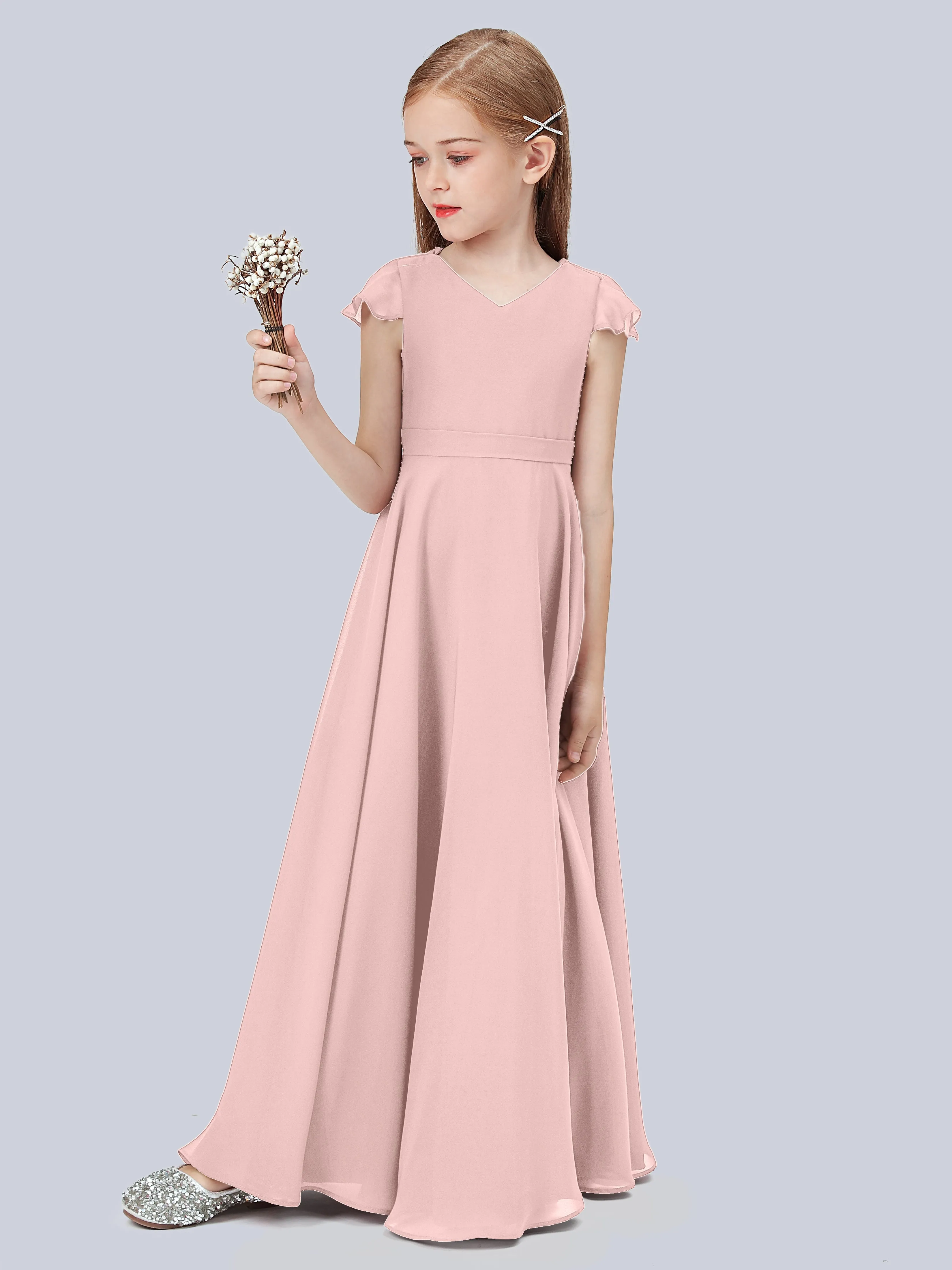 Flounce Cap Sleeves Chiffon Junior Bridesmaid Dress