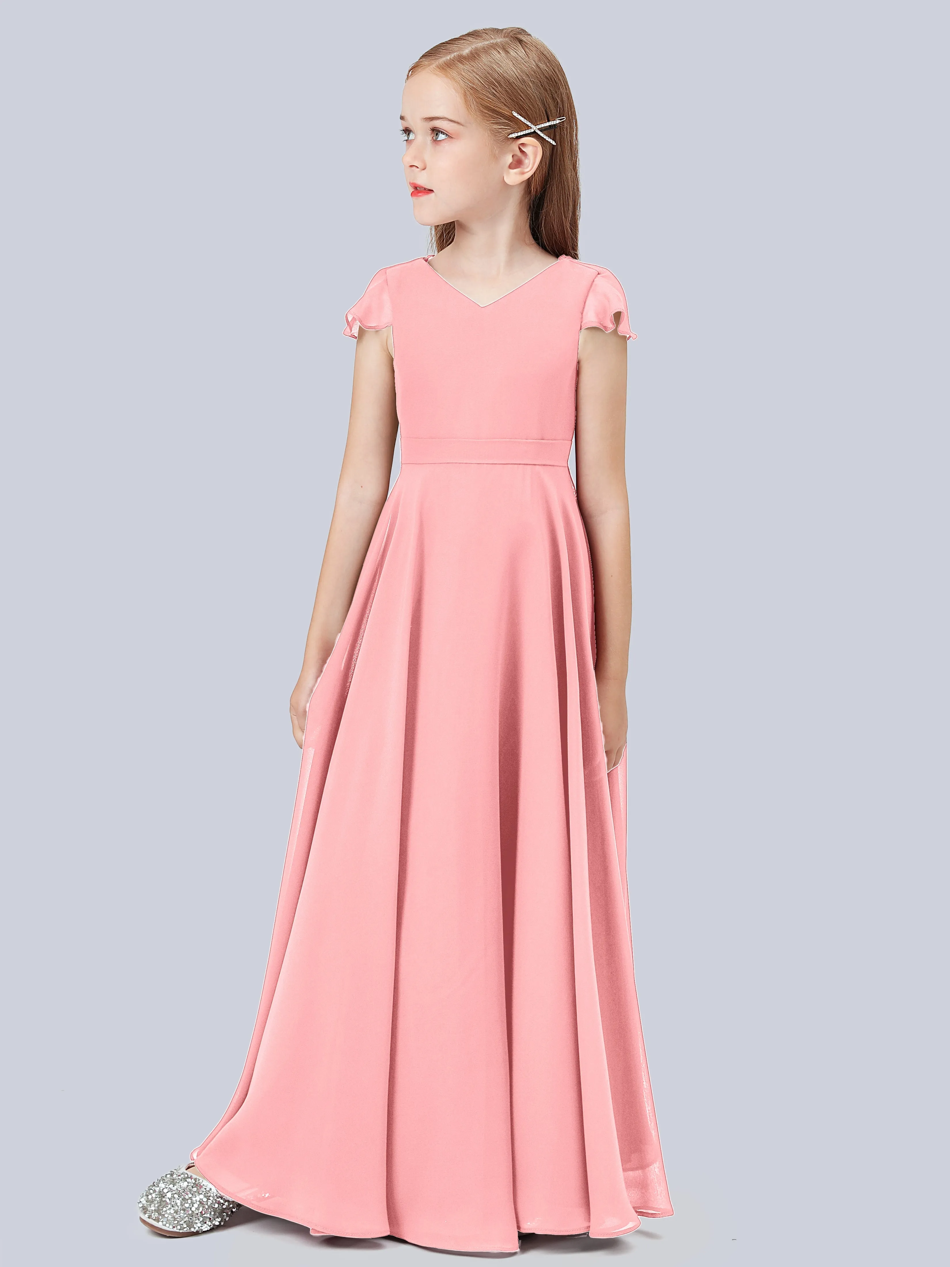 Flounce Cap Sleeves Chiffon Junior Bridesmaid Dress