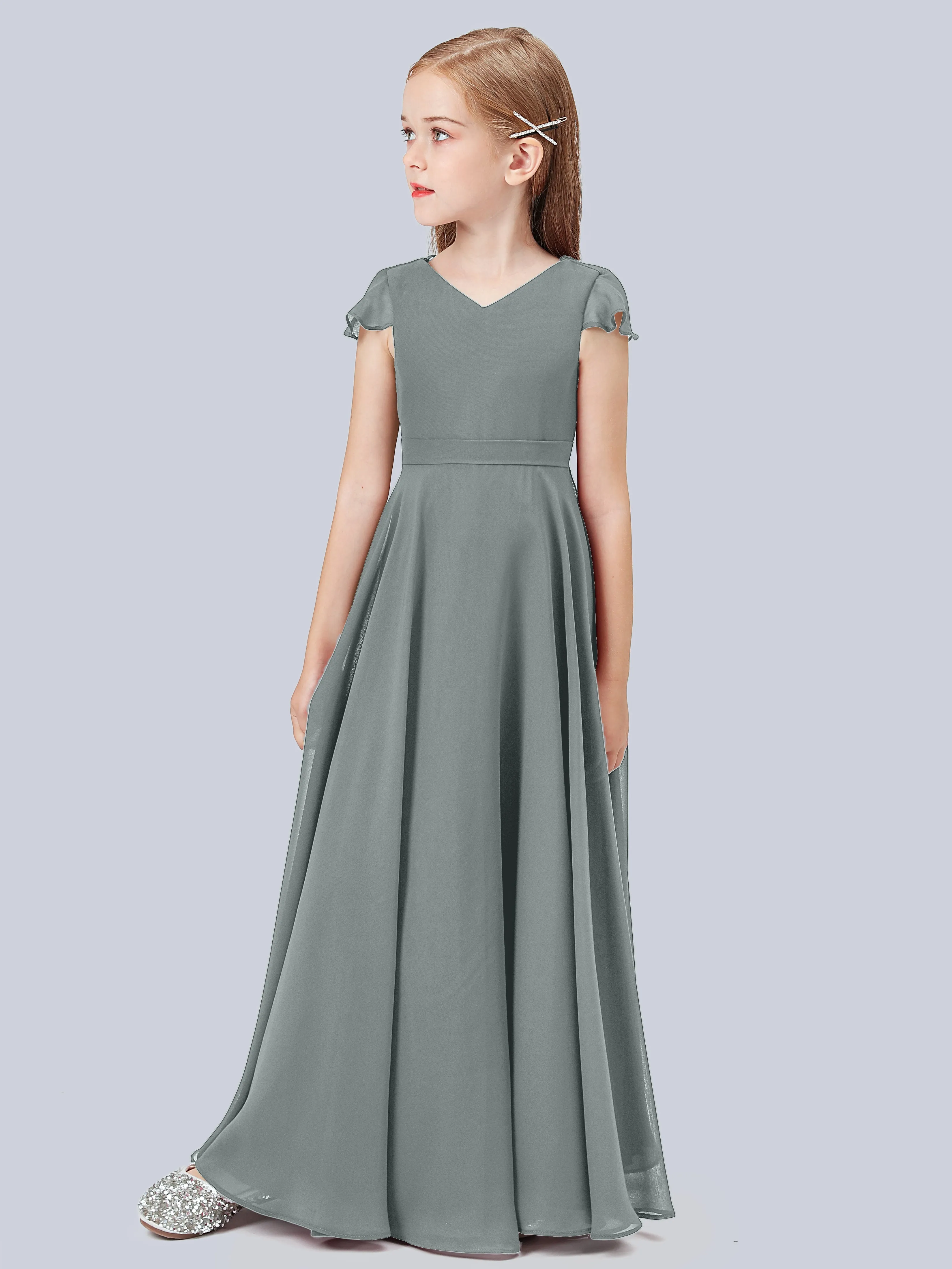 Flounce Cap Sleeves Chiffon Junior Bridesmaid Dress