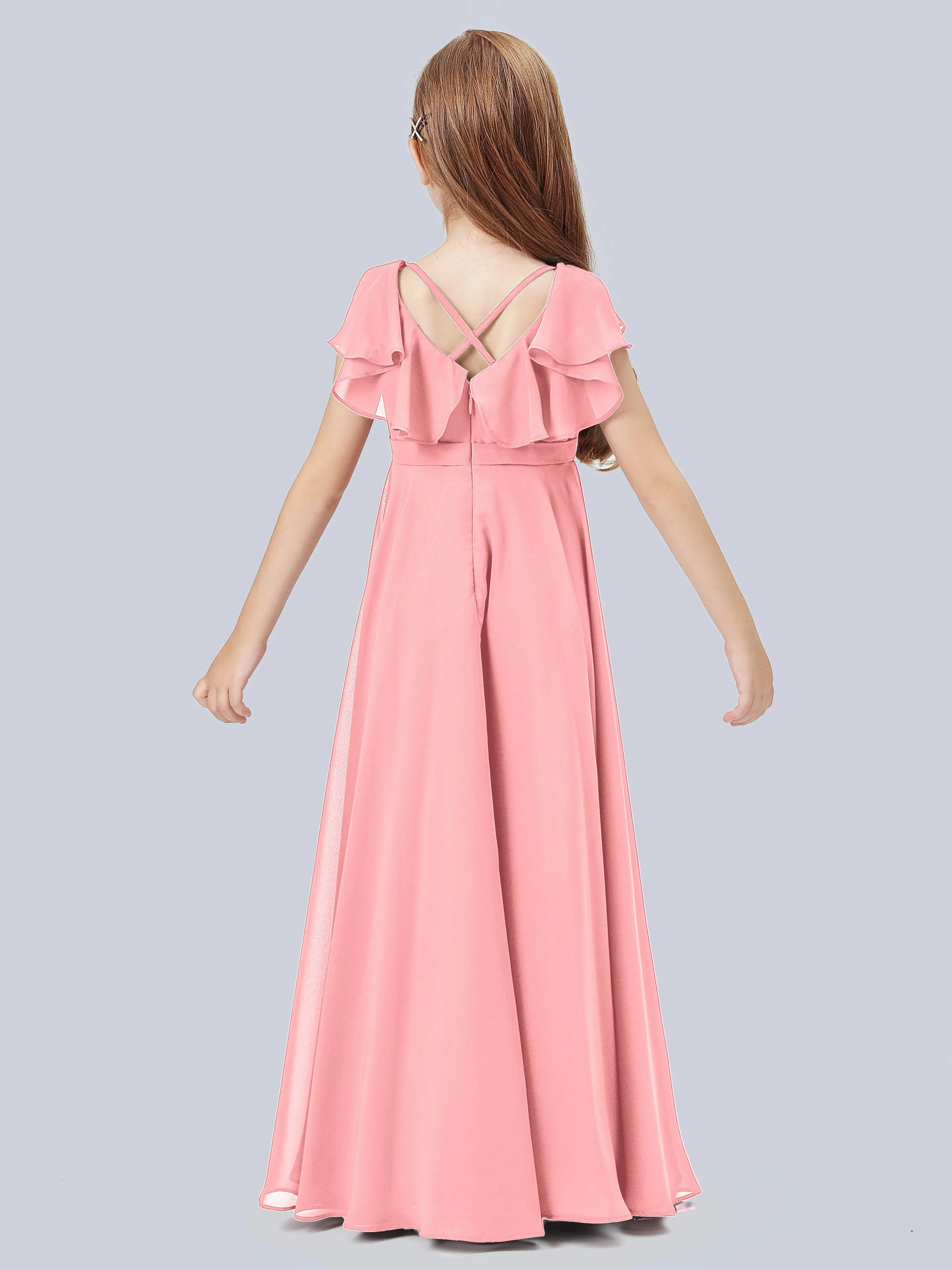 Flounce Cap Sleeves Chiffon Junior Bridesmaid Dress