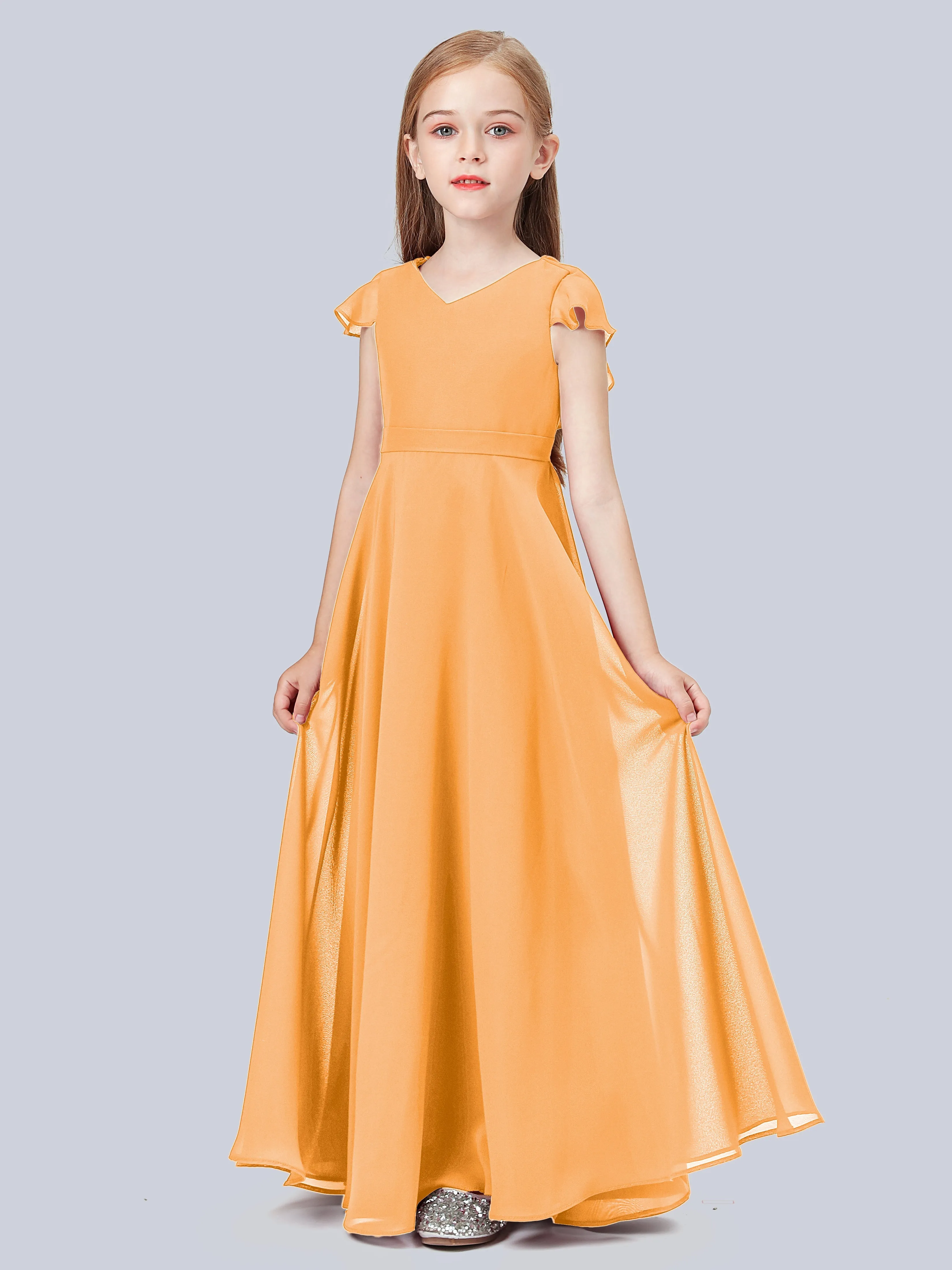 Flounce Cap Sleeves Chiffon Junior Bridesmaid Dress