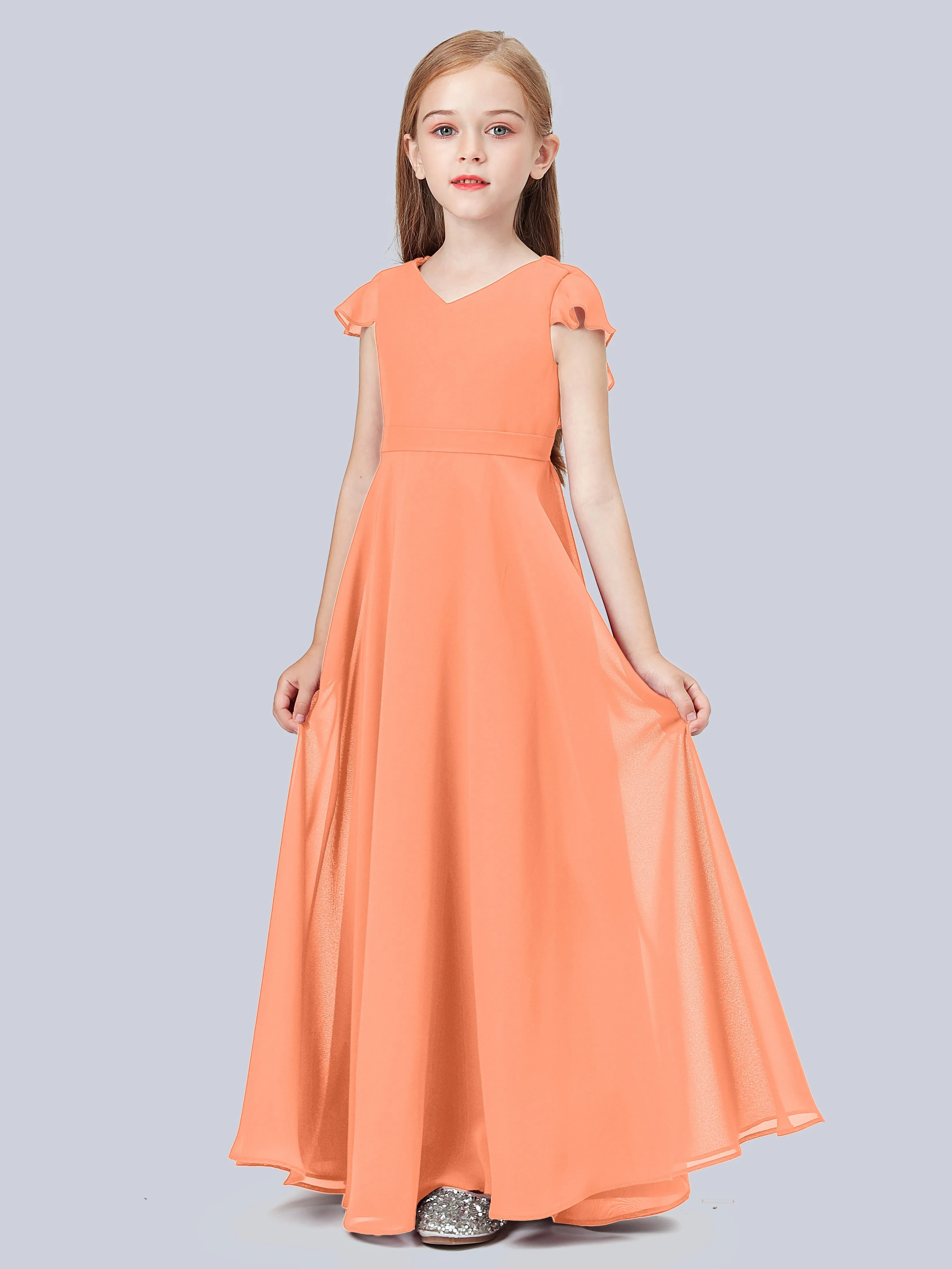 Flounce Cap Sleeves Chiffon Junior Bridesmaid Dress