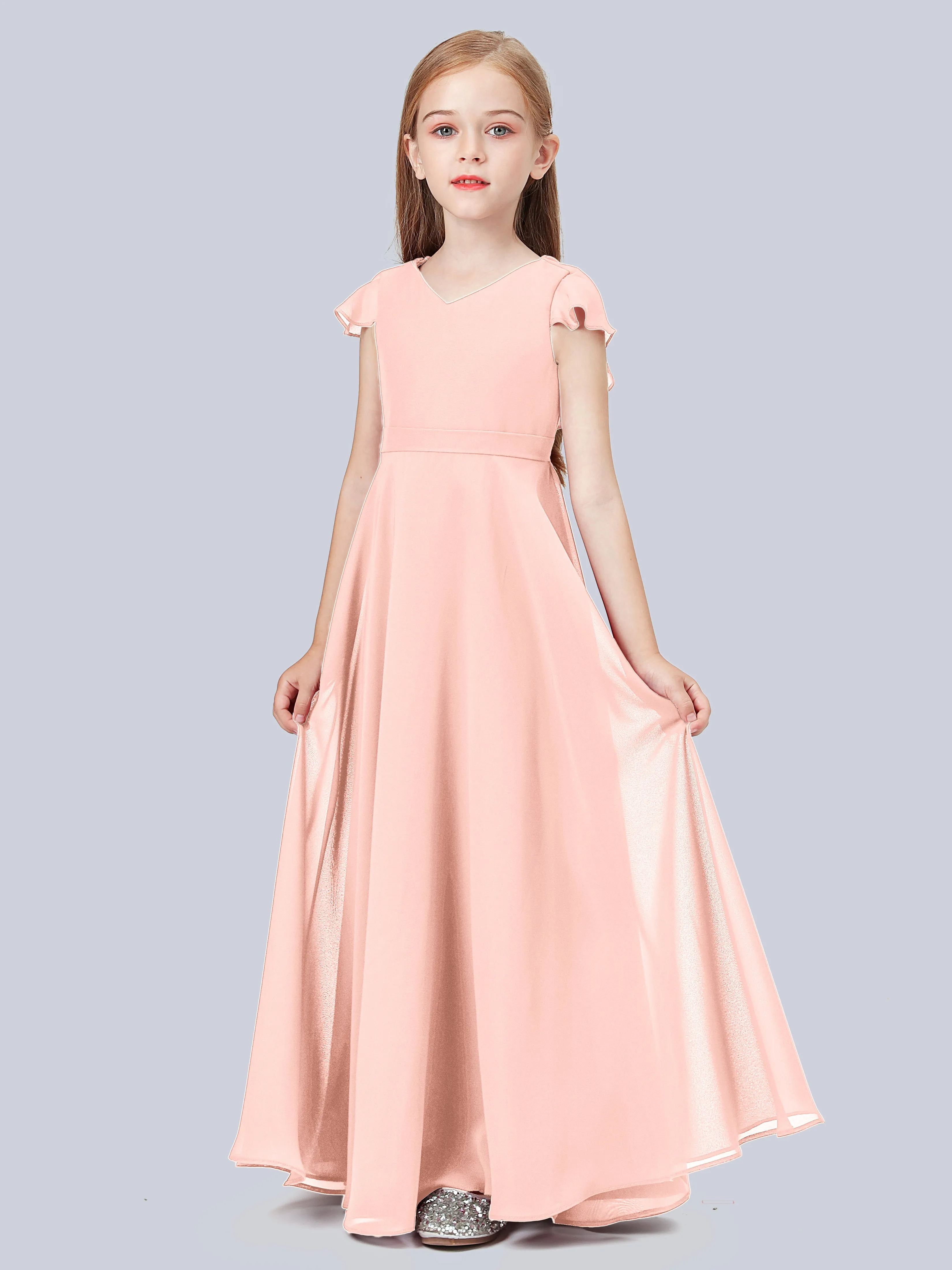 Flounce Cap Sleeves Chiffon Junior Bridesmaid Dress