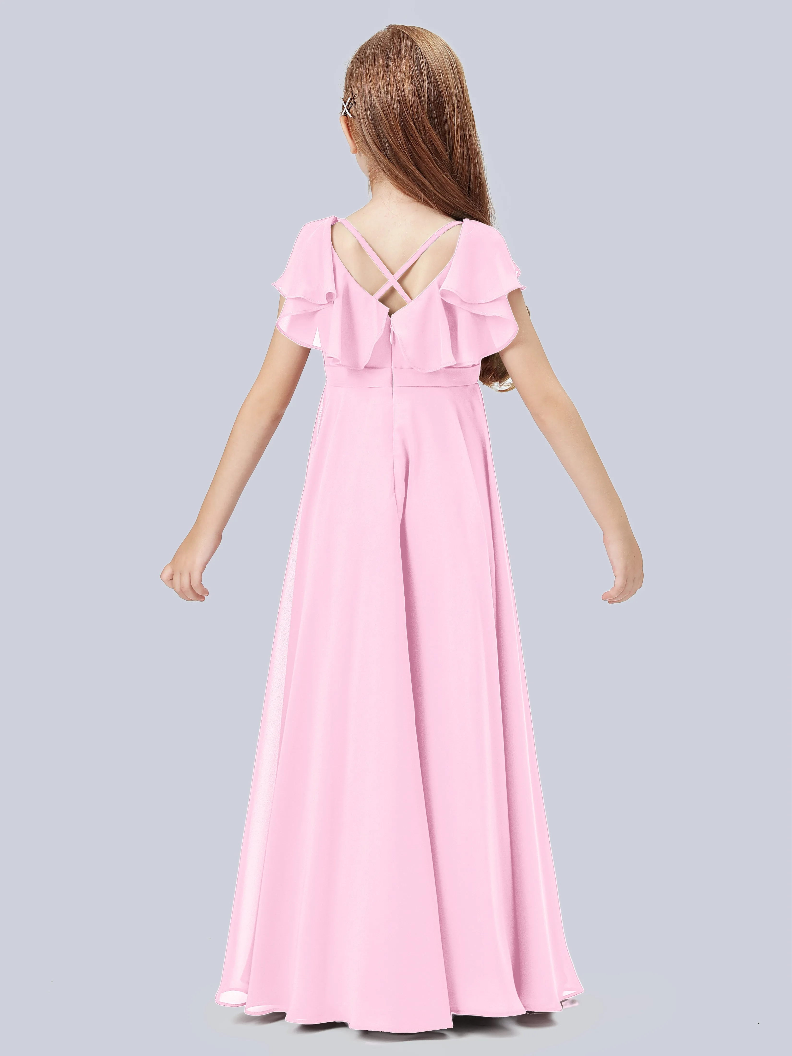 Flounce Cap Sleeves Chiffon Junior Bridesmaid Dress