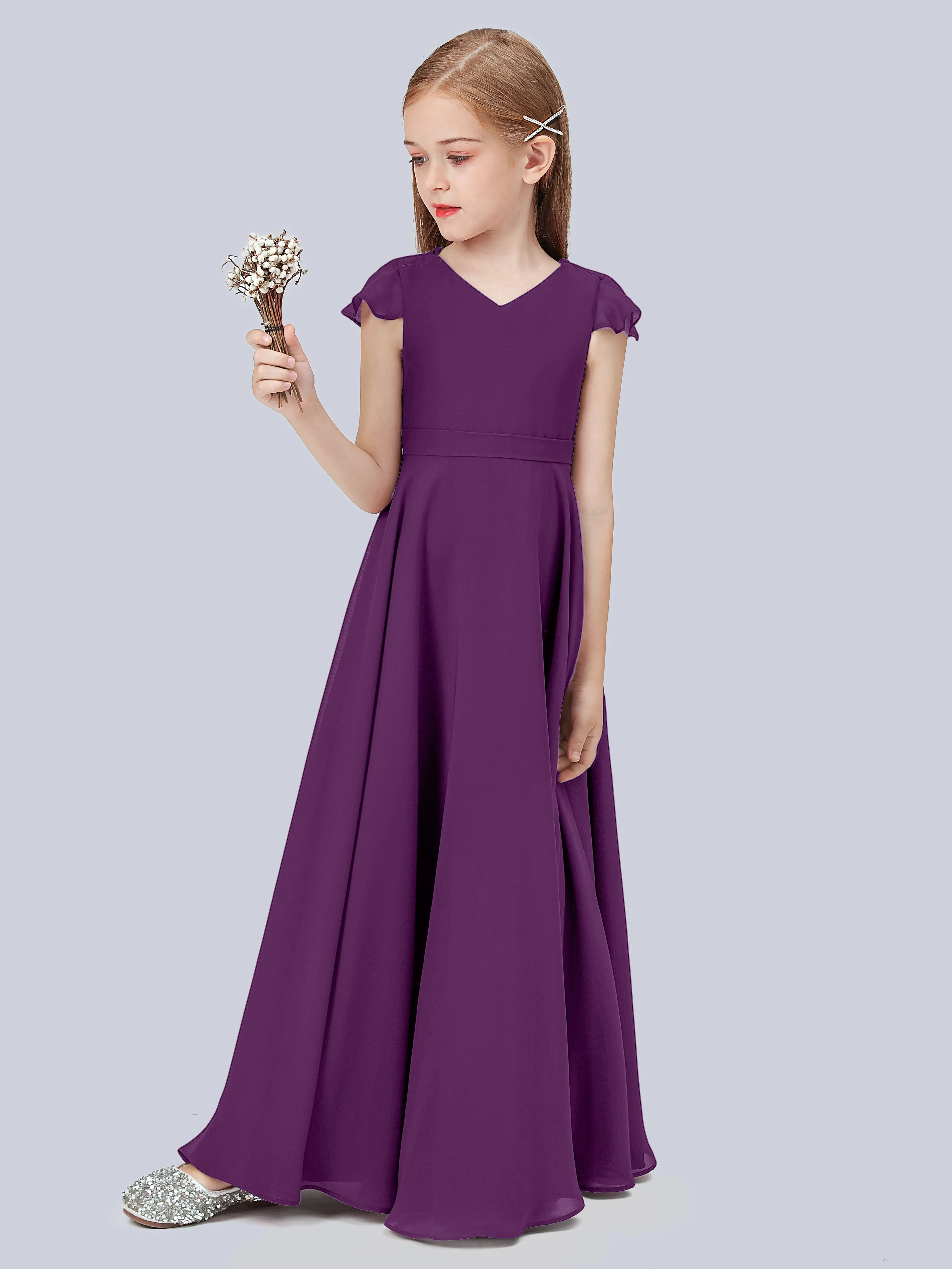 Flounce Cap Sleeves Chiffon Junior Bridesmaid Dress