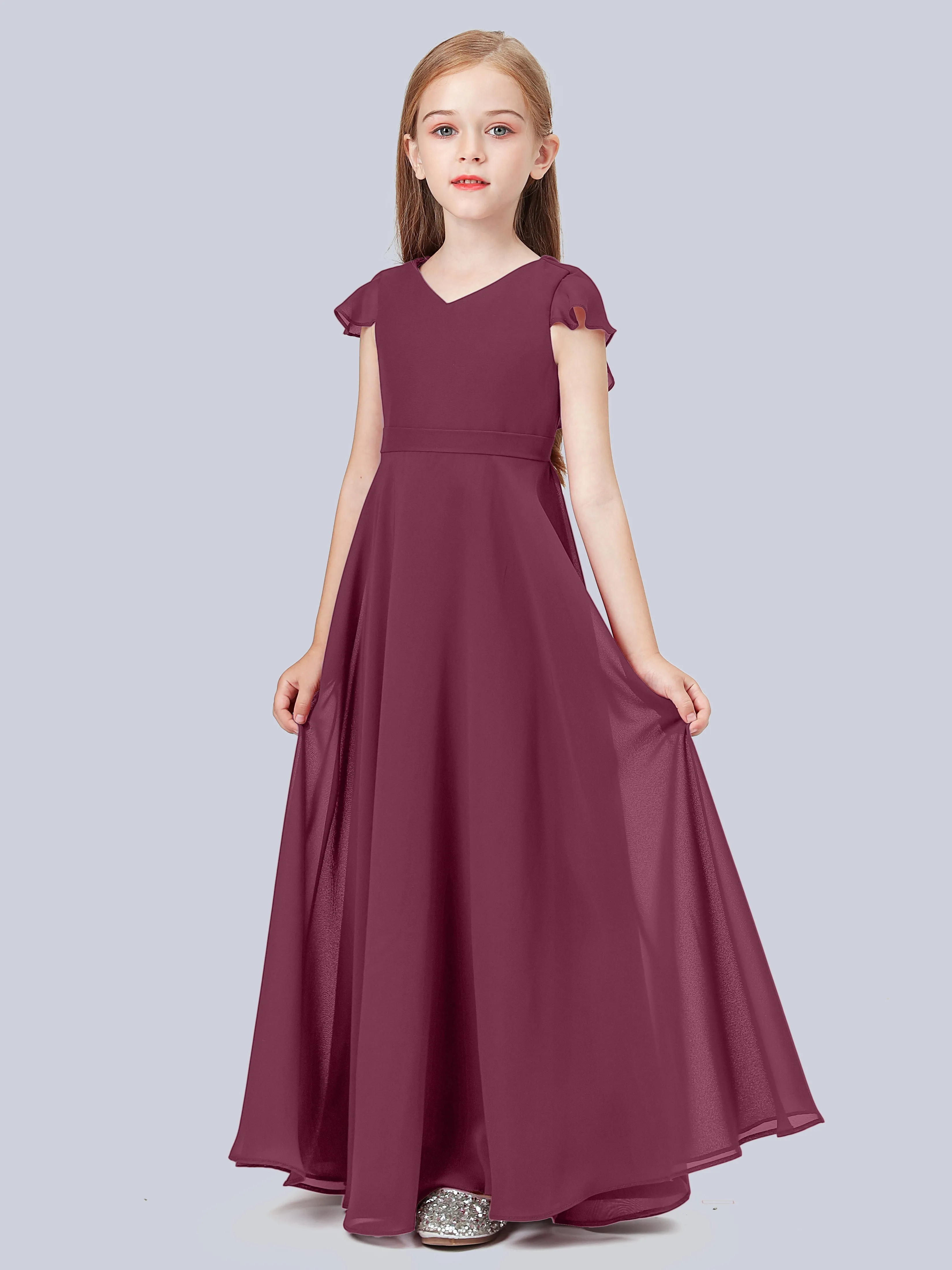 Flounce Cap Sleeves Chiffon Junior Bridesmaid Dress