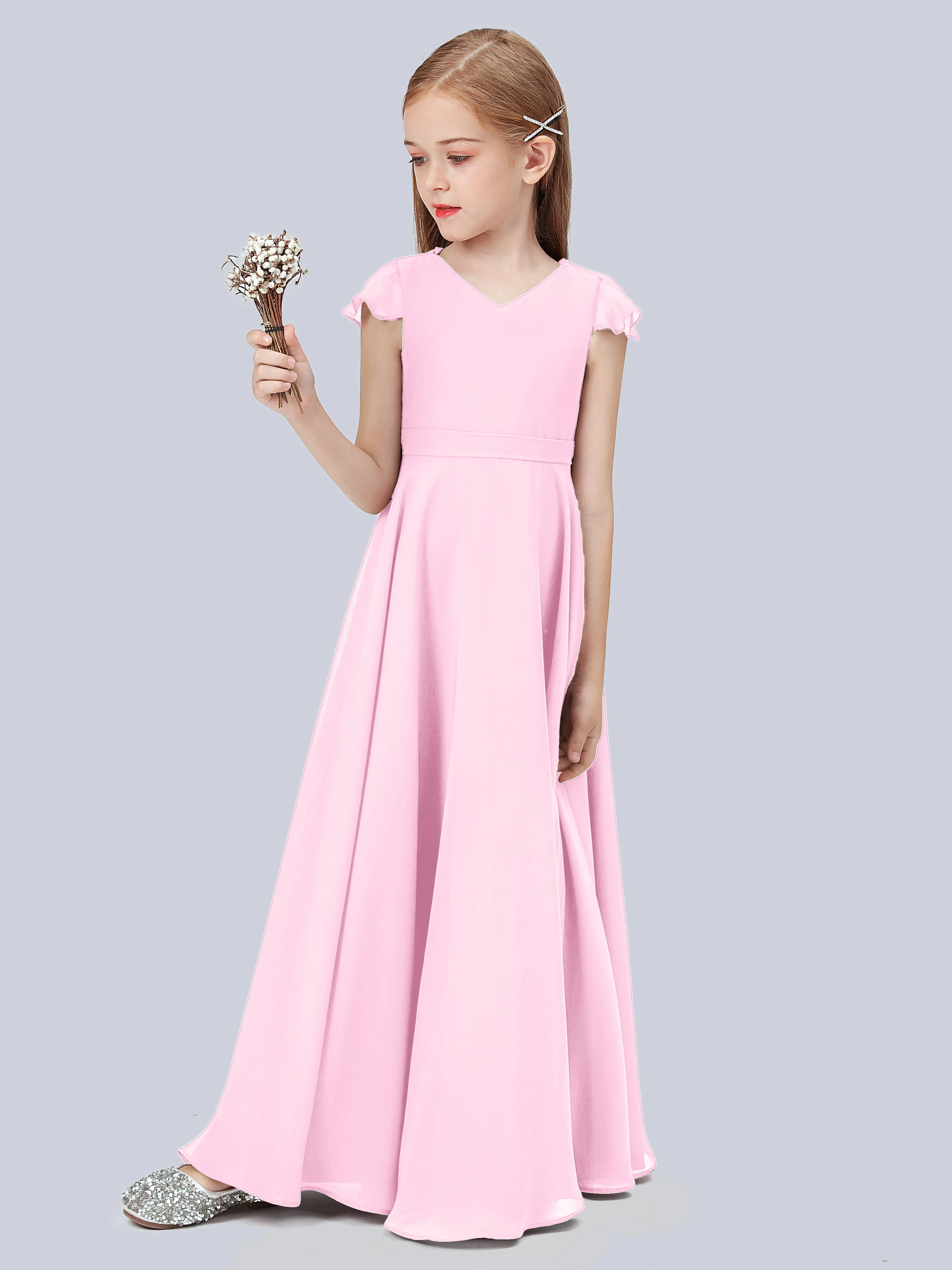 Flounce Cap Sleeves Chiffon Junior Bridesmaid Dress