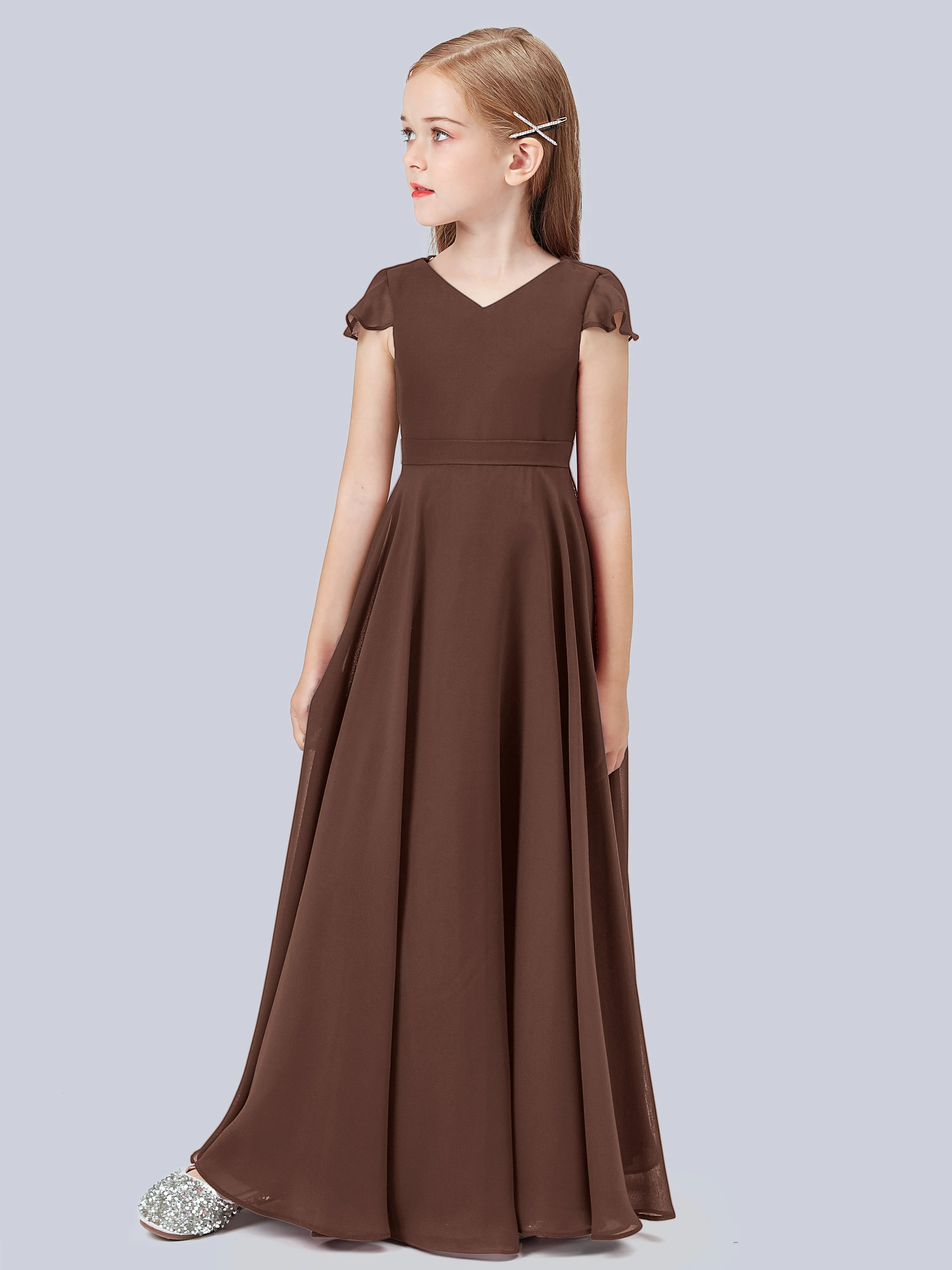 Flounce Cap Sleeves Chiffon Junior Bridesmaid Dress