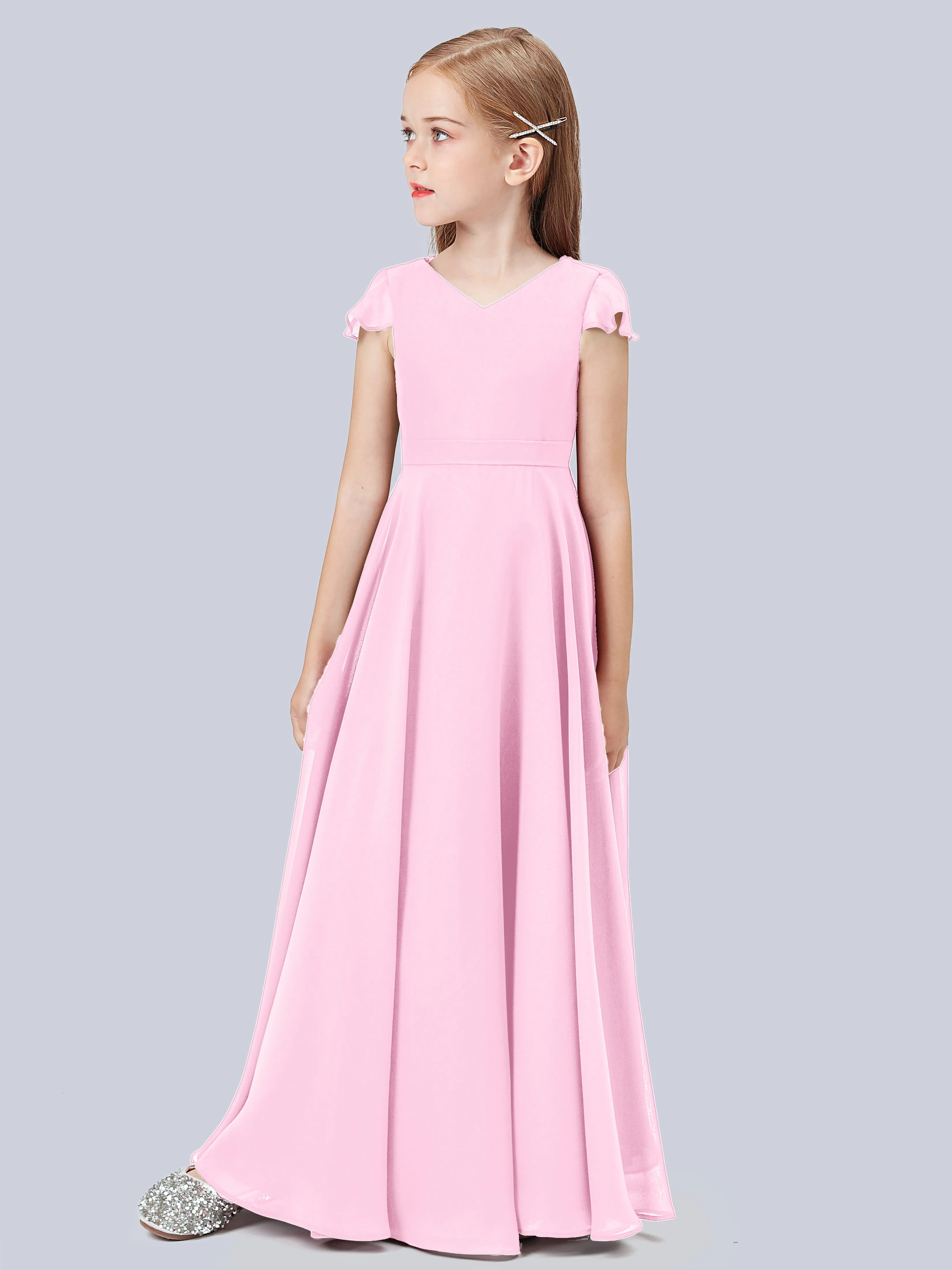 Flounce Cap Sleeves Chiffon Junior Bridesmaid Dress