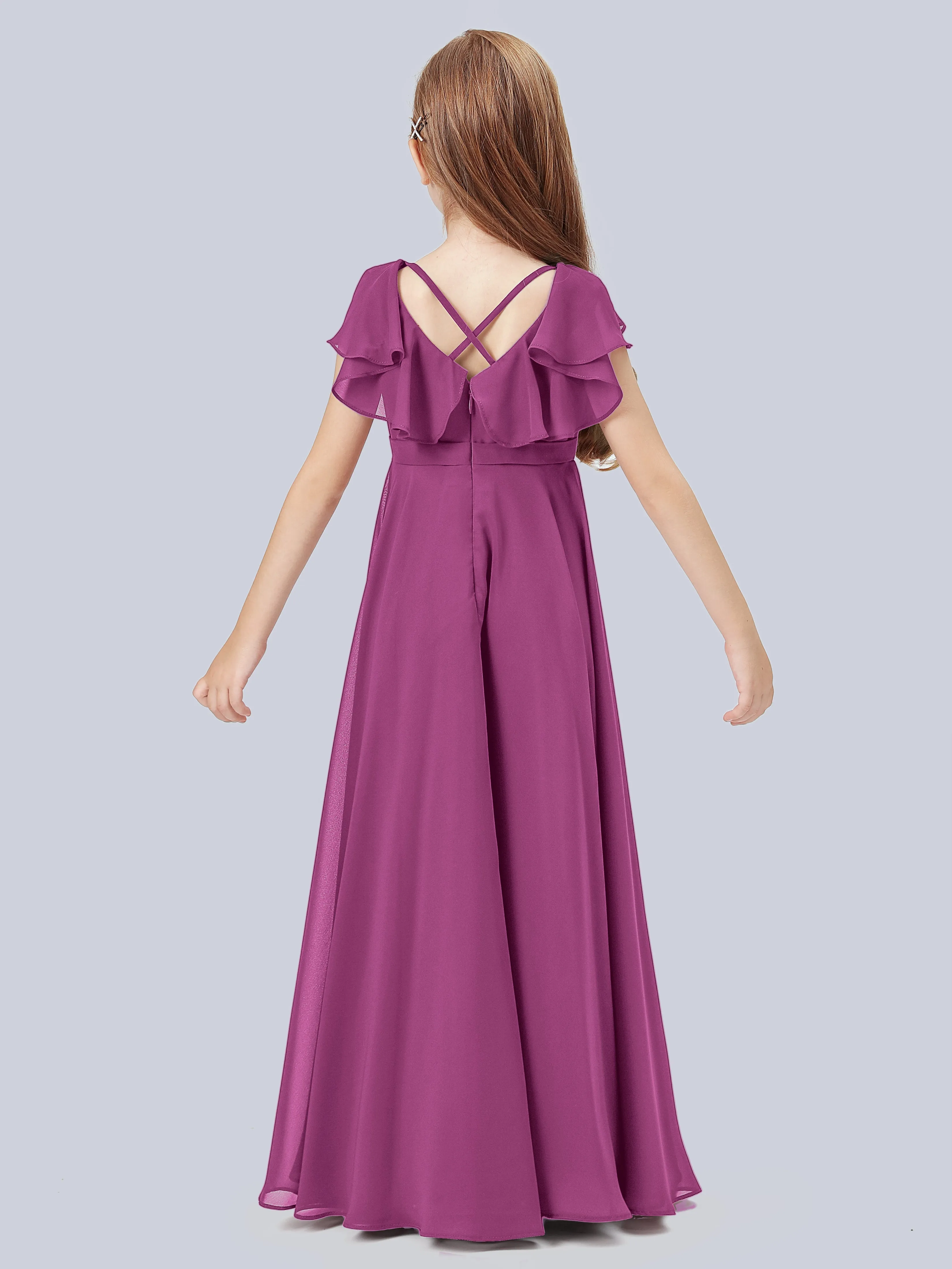 Flounce Cap Sleeves Chiffon Junior Bridesmaid Dress