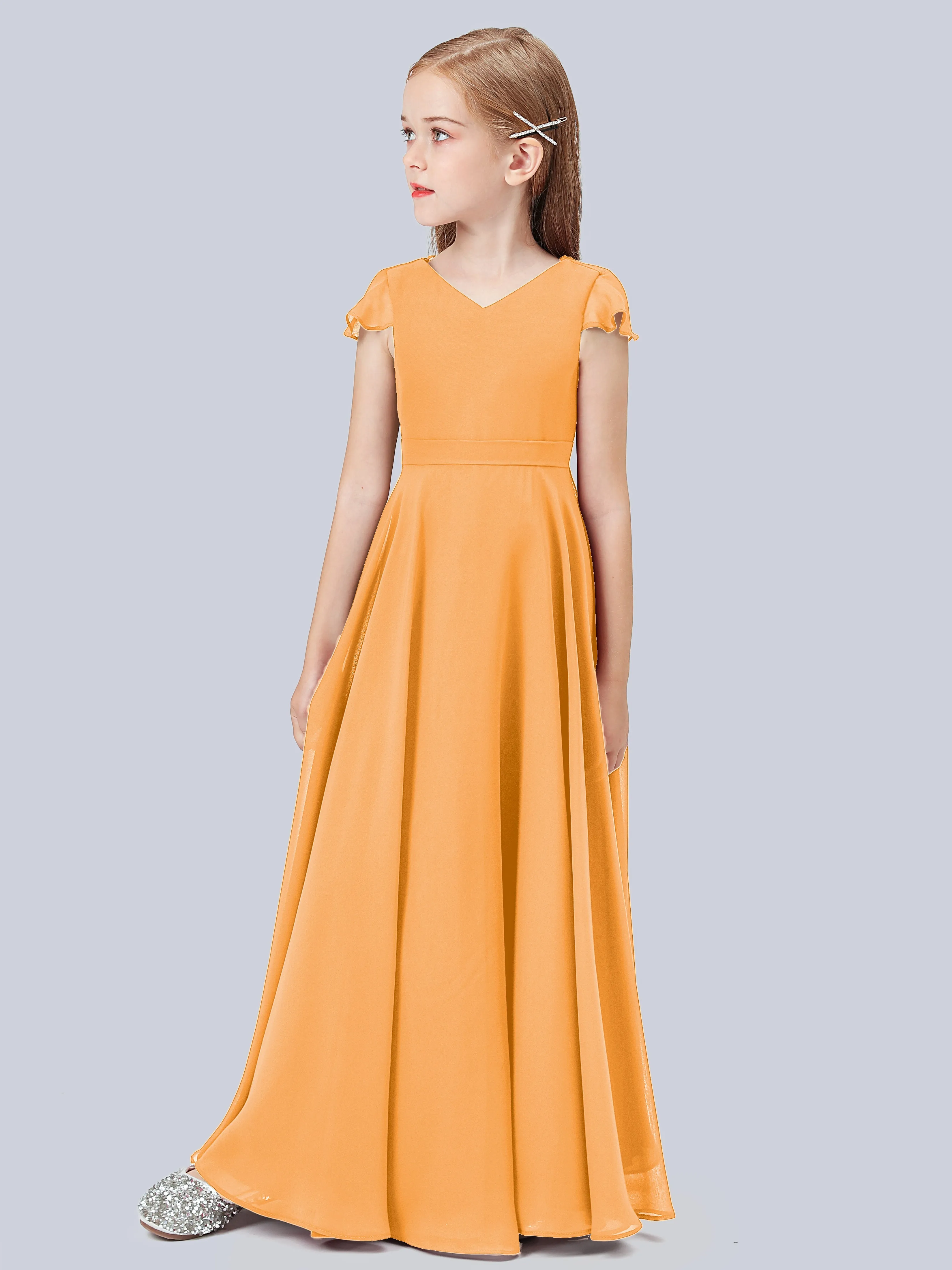 Flounce Cap Sleeves Chiffon Junior Bridesmaid Dress