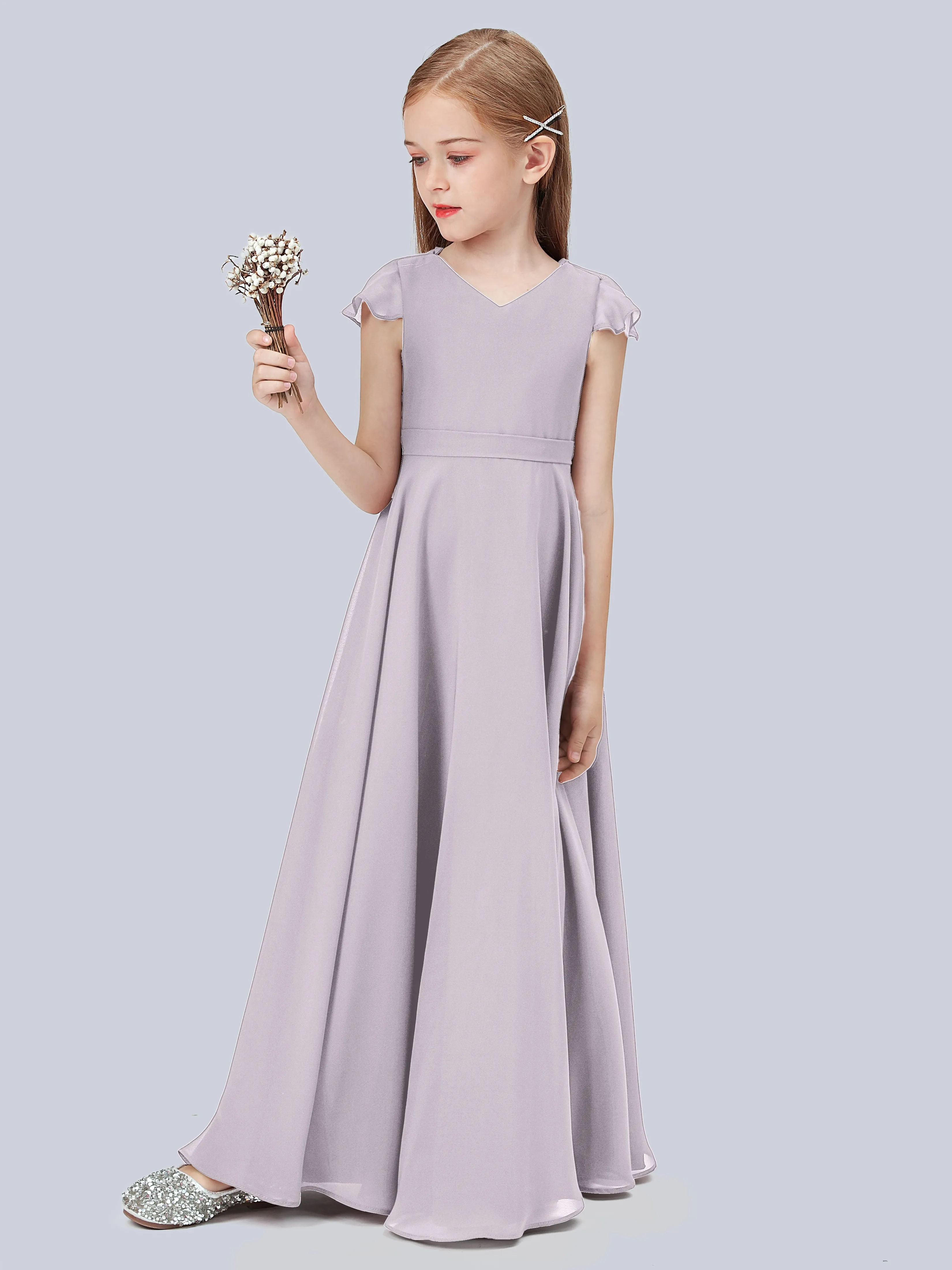 Flounce Cap Sleeves Chiffon Junior Bridesmaid Dress