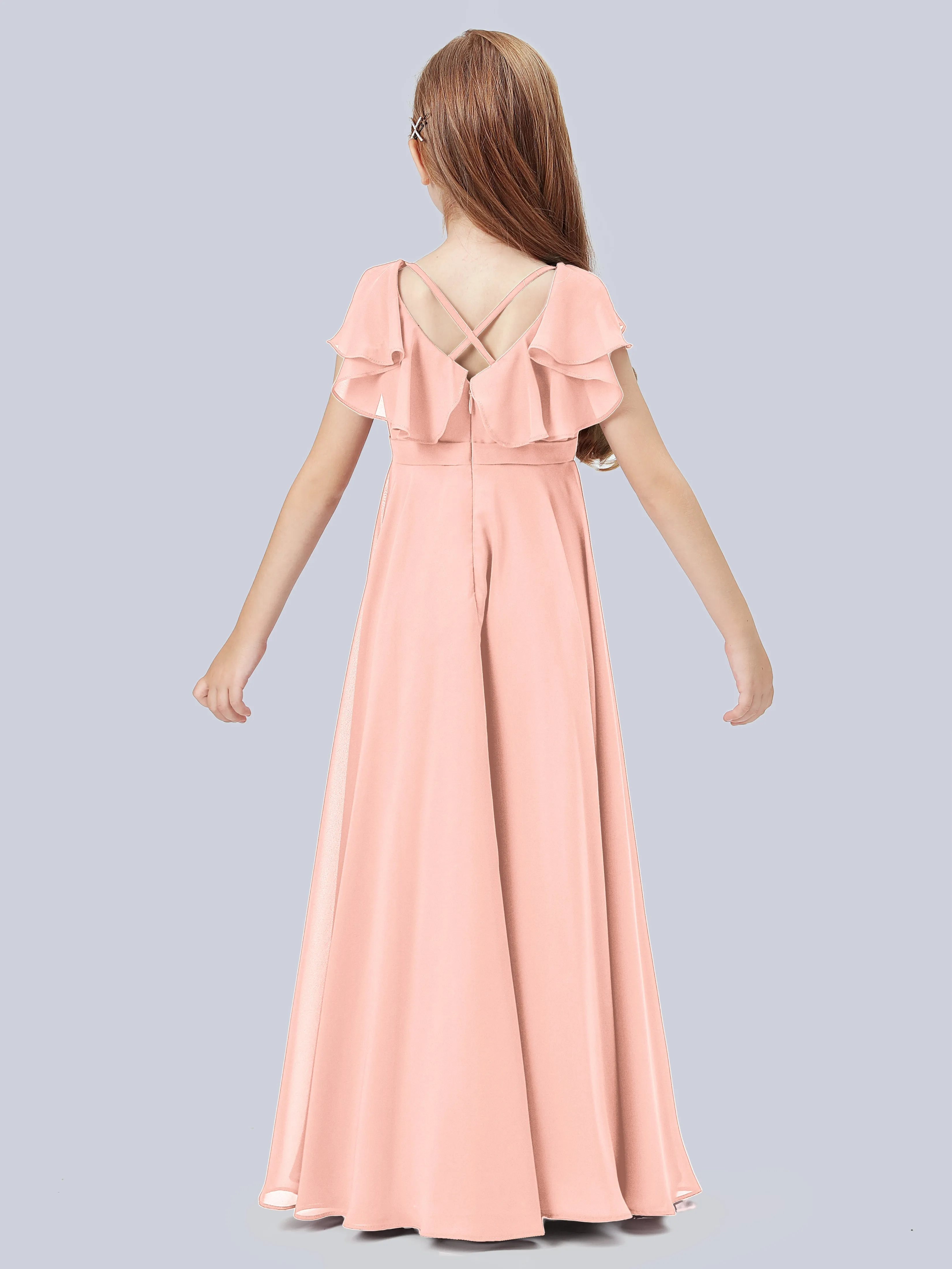 Flounce Cap Sleeves Chiffon Junior Bridesmaid Dress