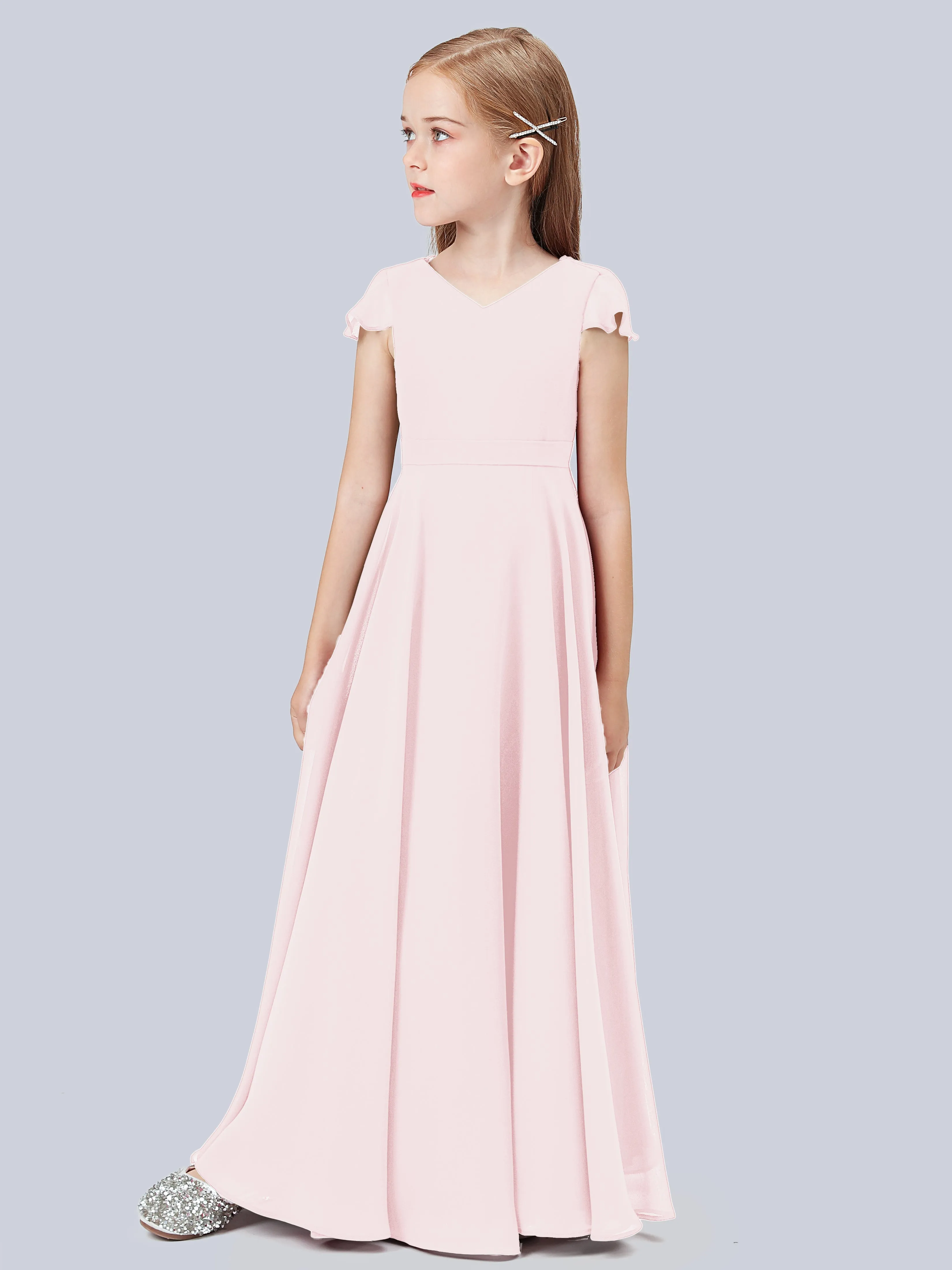 Flounce Cap Sleeves Chiffon Junior Bridesmaid Dress