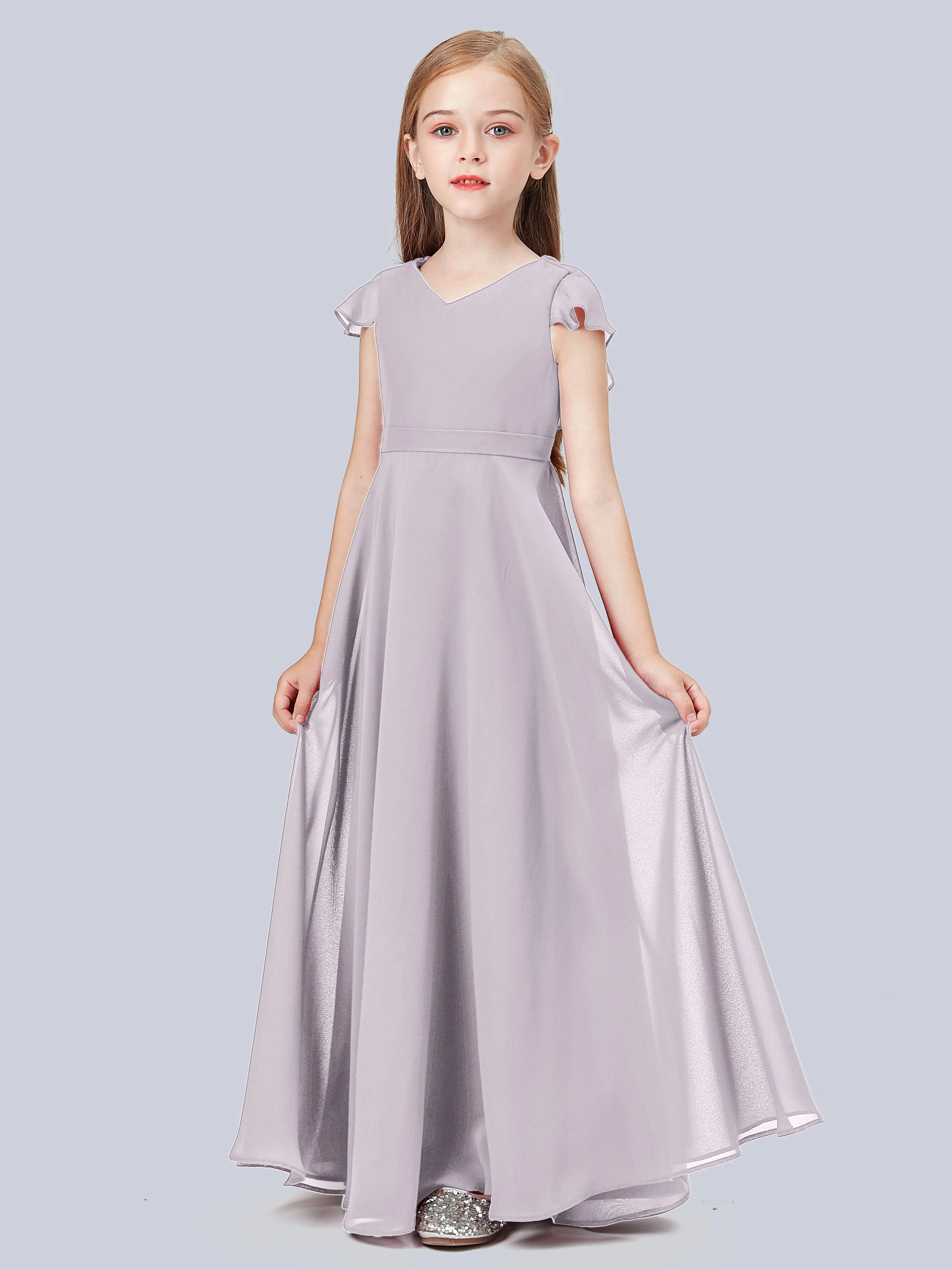 Flounce Cap Sleeves Chiffon Junior Bridesmaid Dress