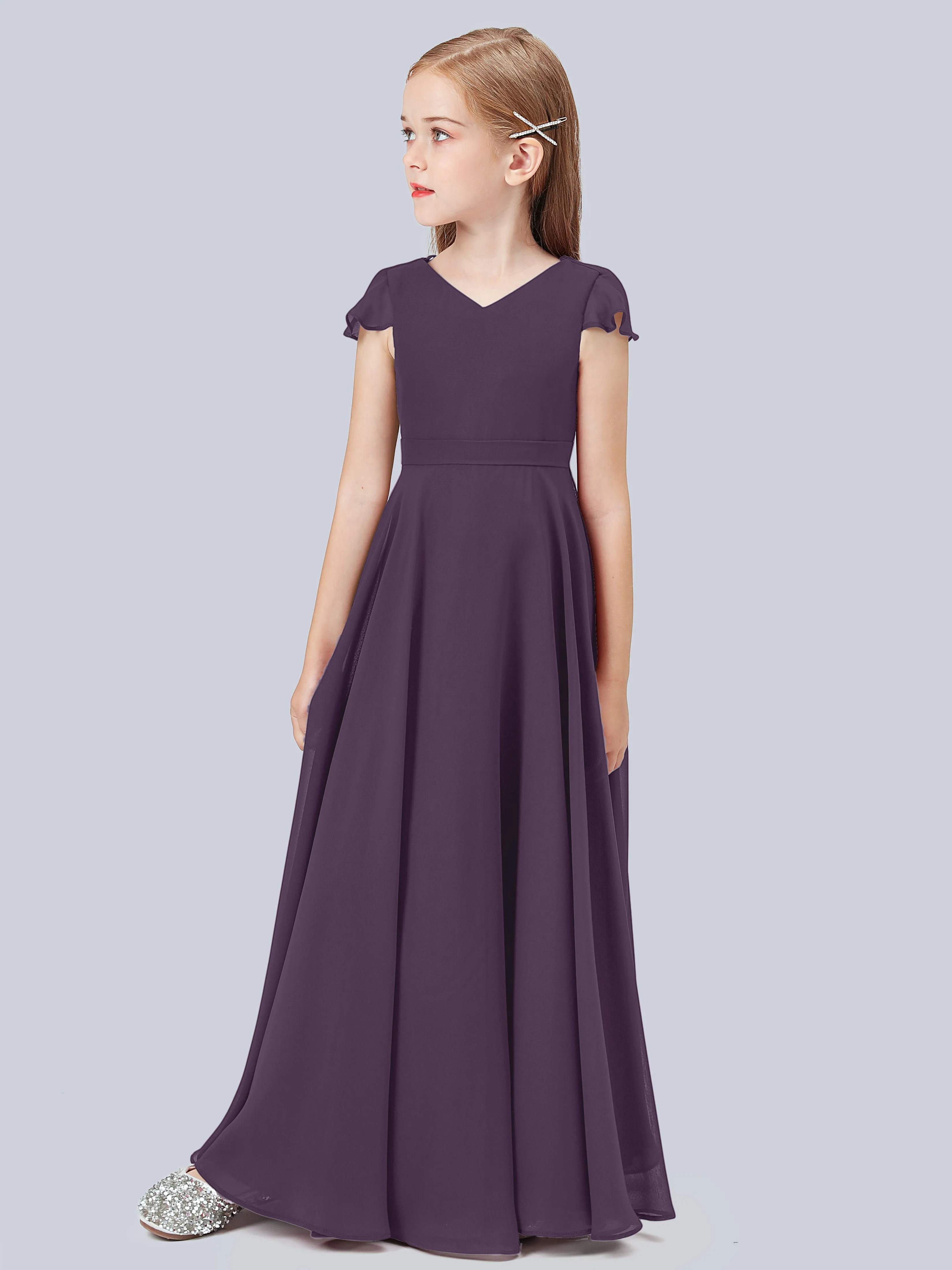 Flounce Cap Sleeves Chiffon Junior Bridesmaid Dress