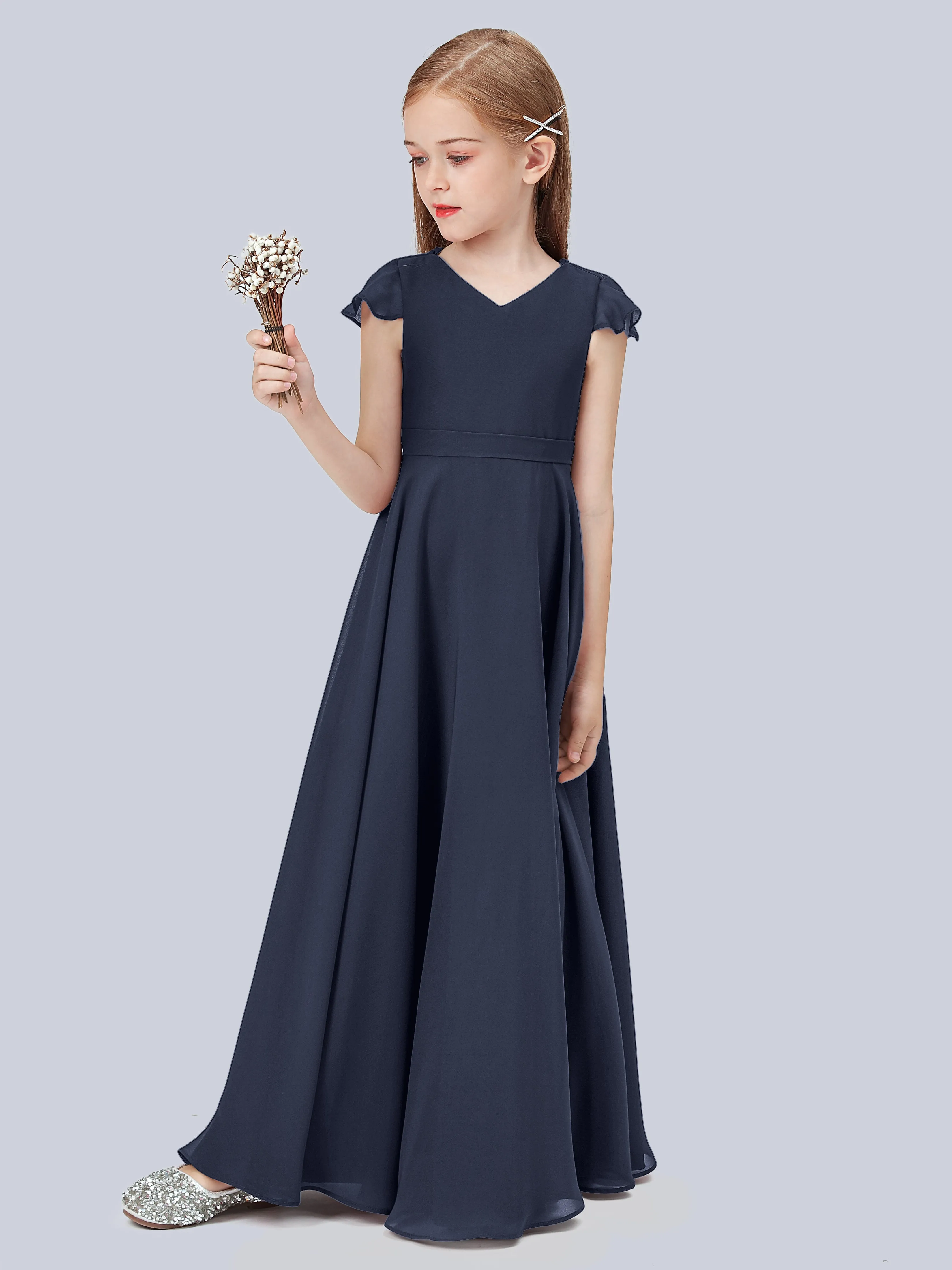 Flounce Cap Sleeves Chiffon Junior Bridesmaid Dress