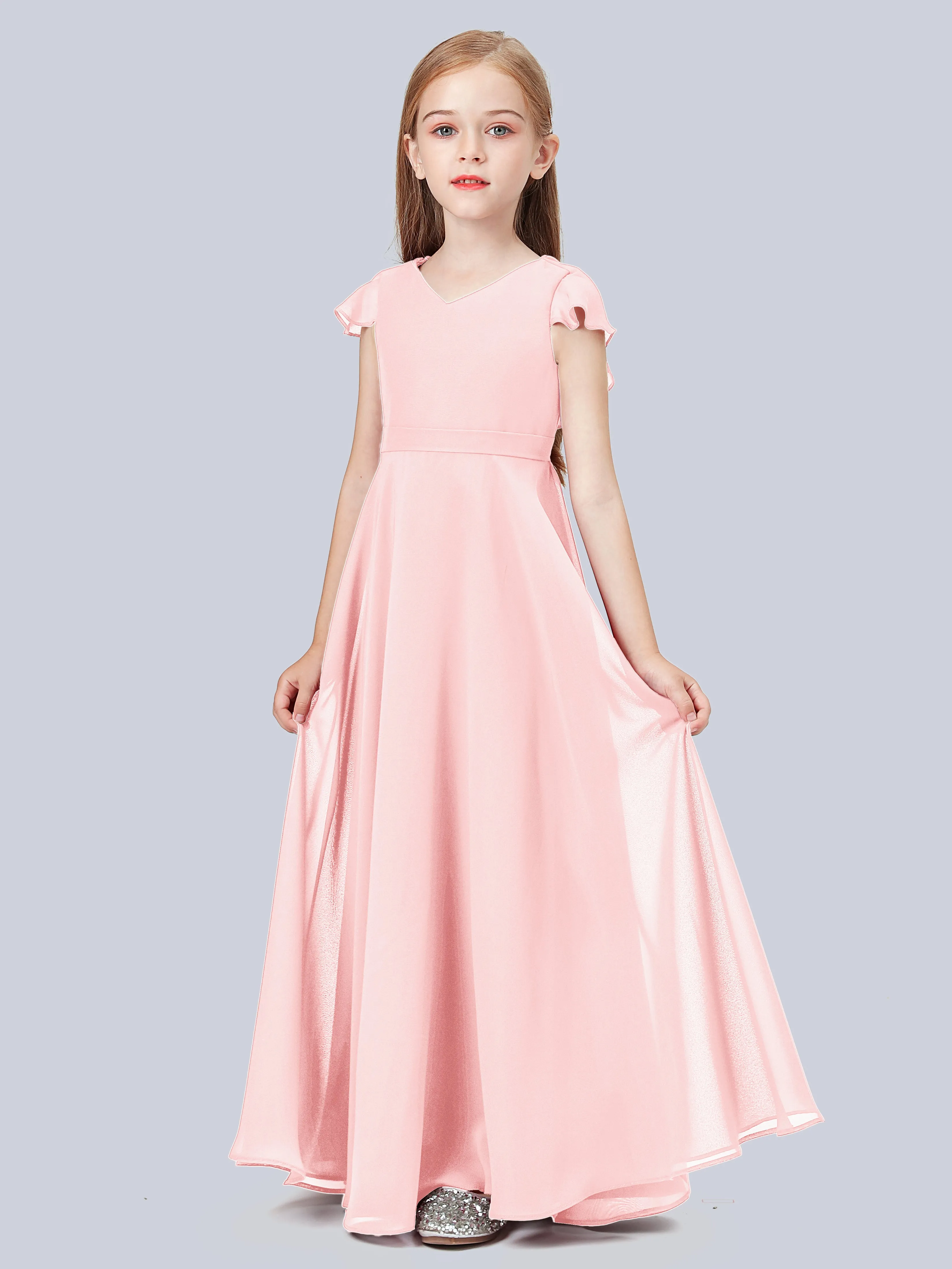 Flounce Cap Sleeves Chiffon Junior Bridesmaid Dress