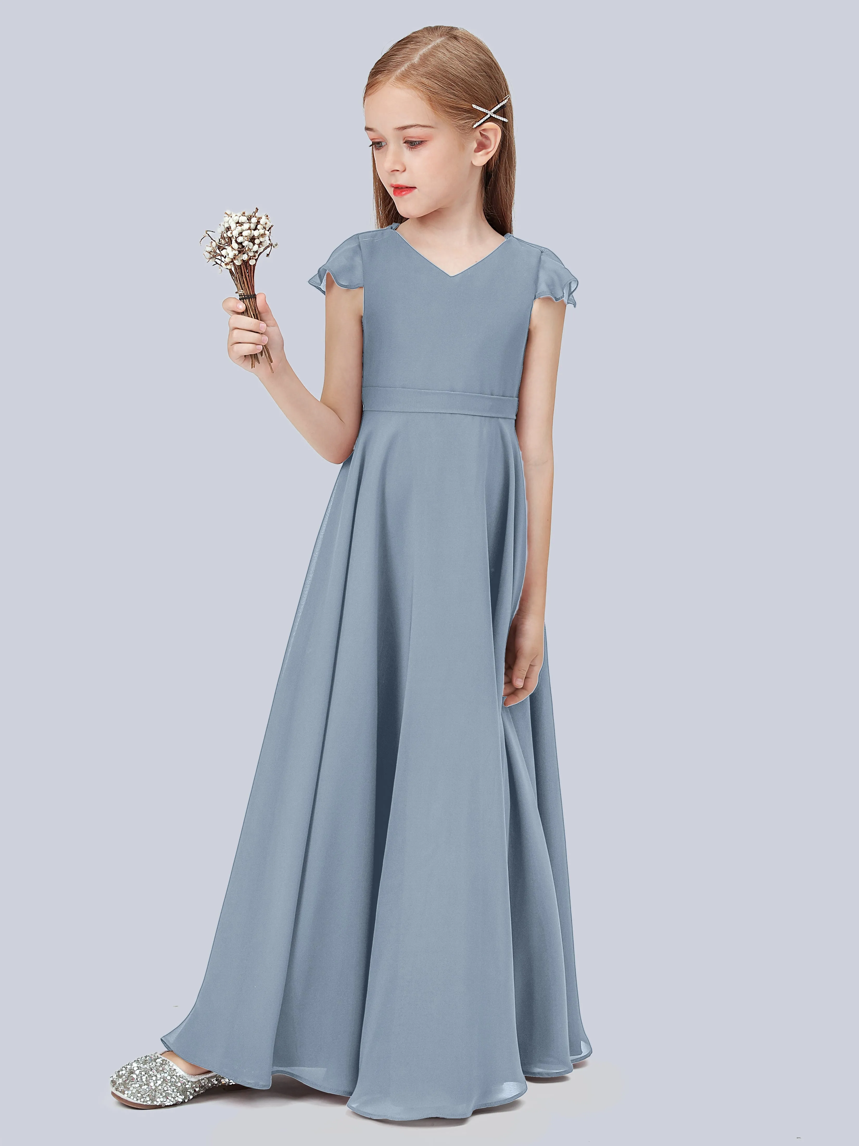 Flounce Cap Sleeves Chiffon Junior Bridesmaid Dress