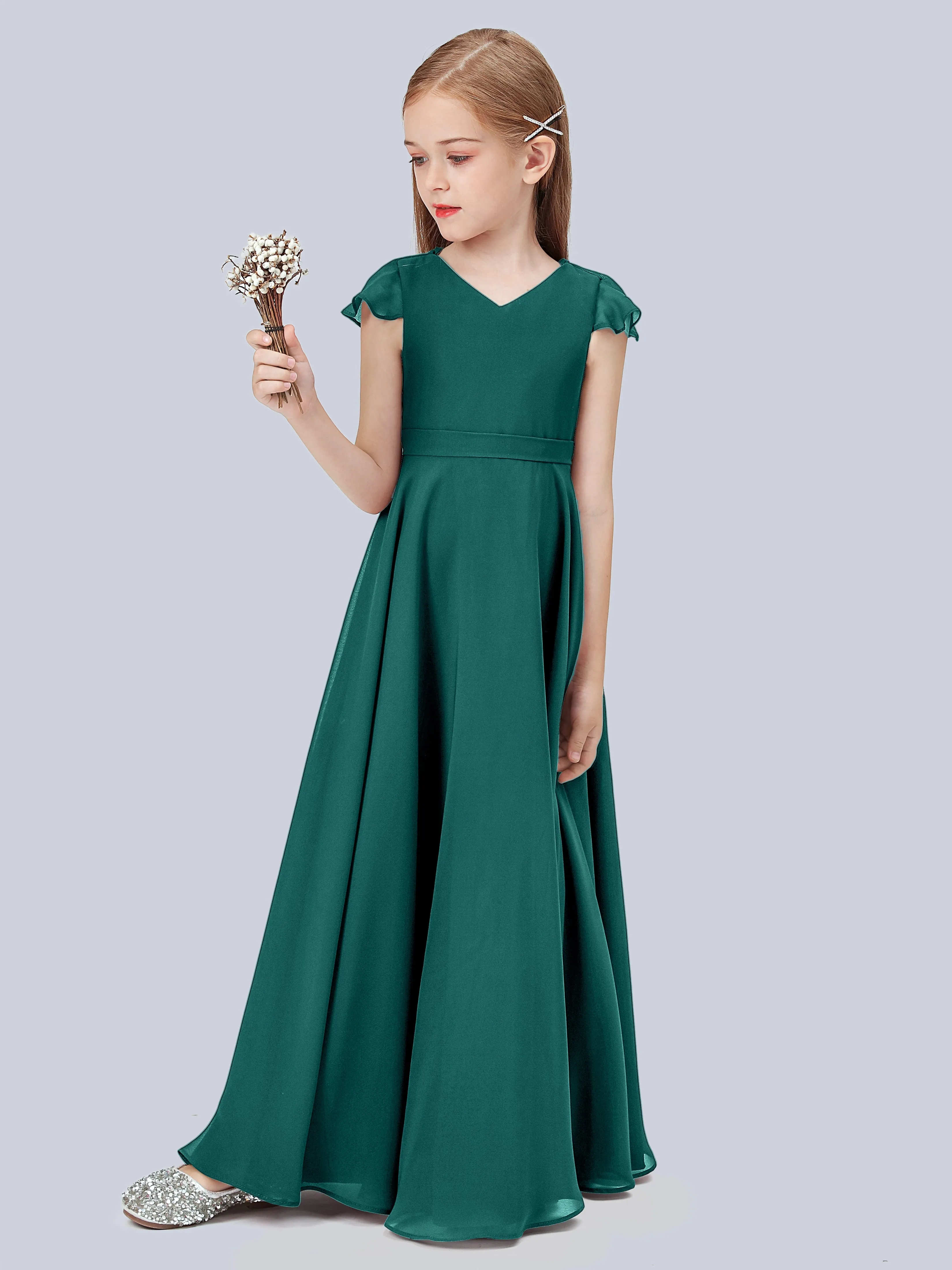 Flounce Cap Sleeves Chiffon Junior Bridesmaid Dress