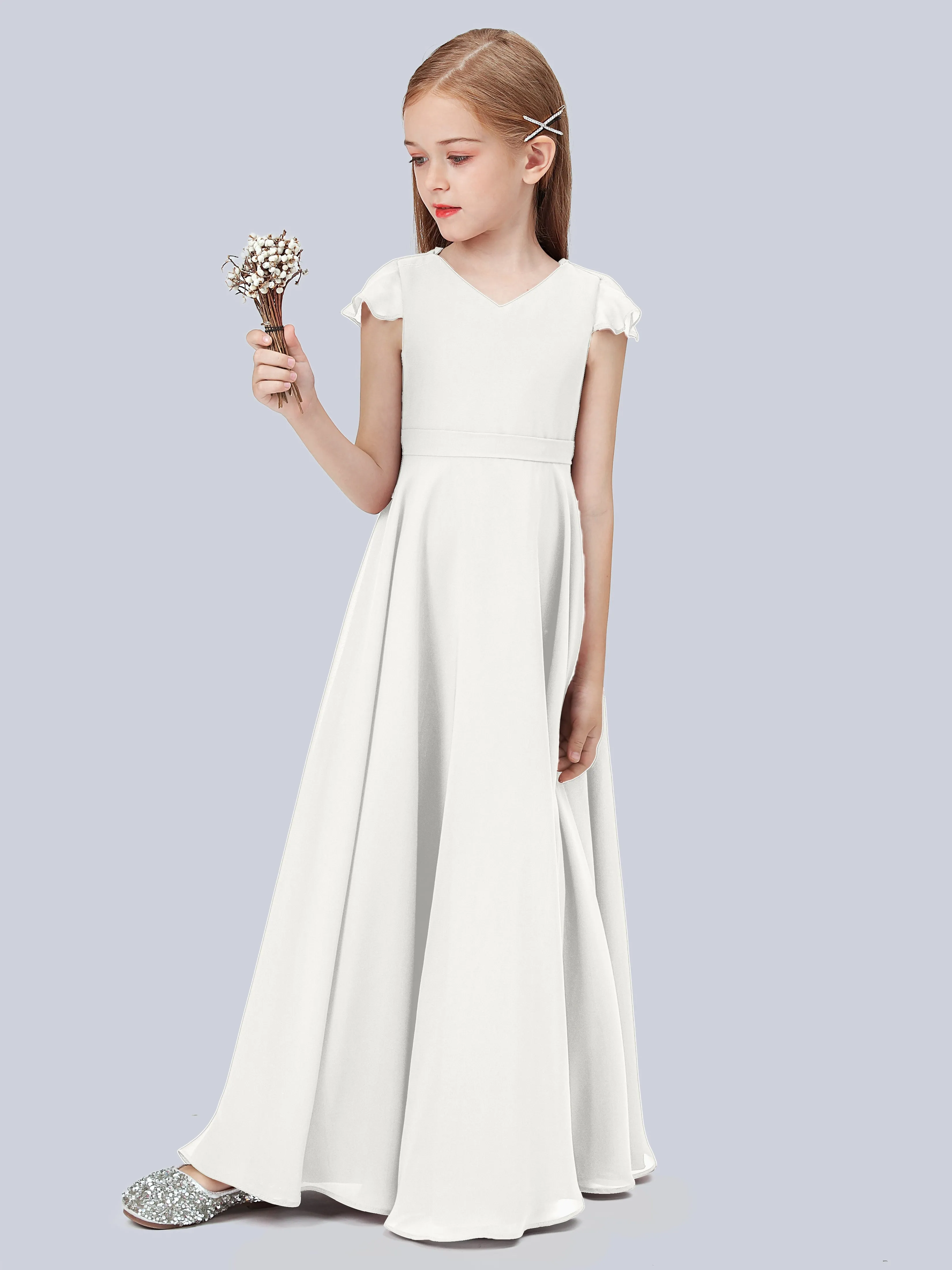 Flounce Cap Sleeves Chiffon Junior Bridesmaid Dress