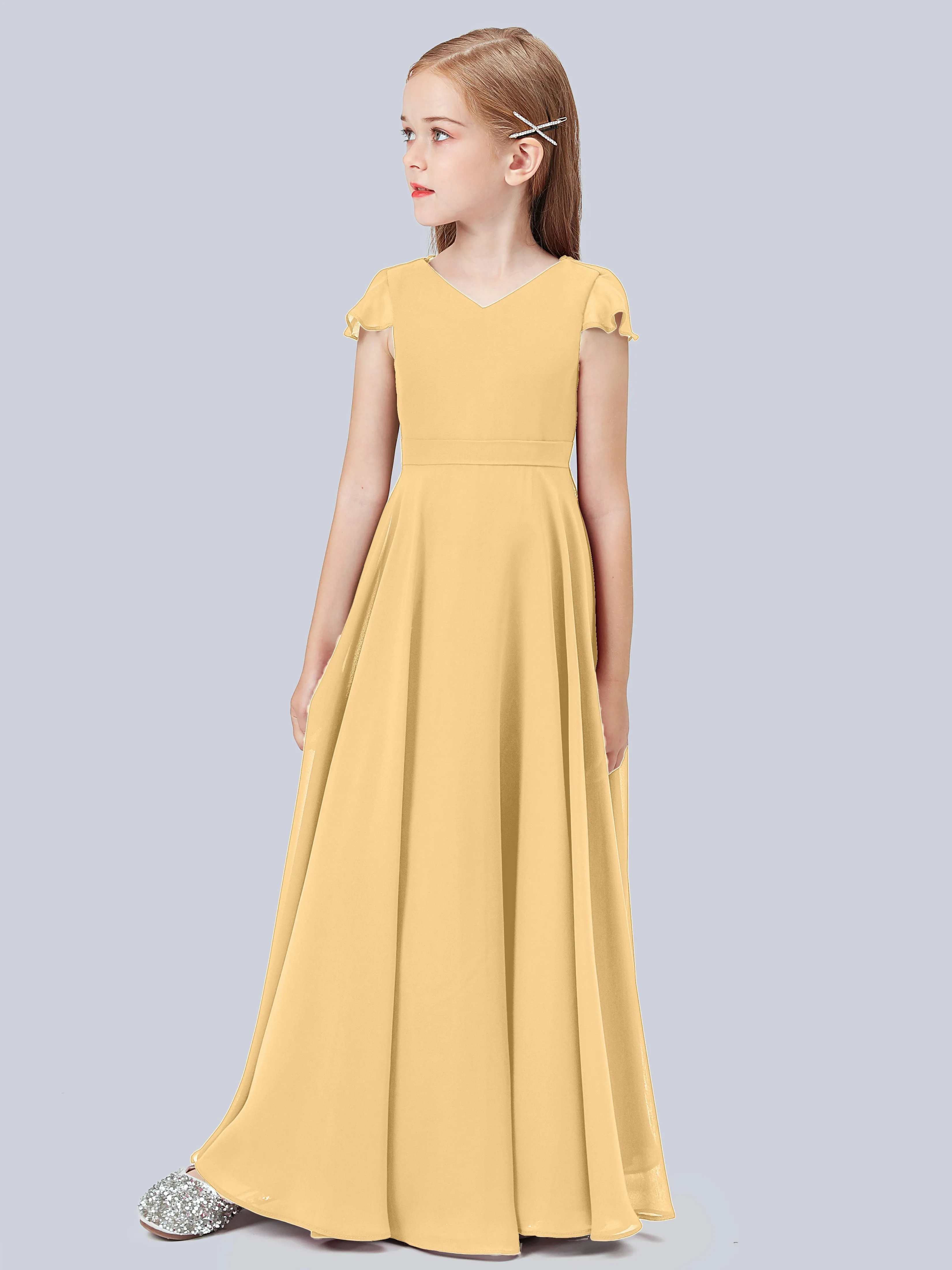 Flounce Cap Sleeves Chiffon Junior Bridesmaid Dress