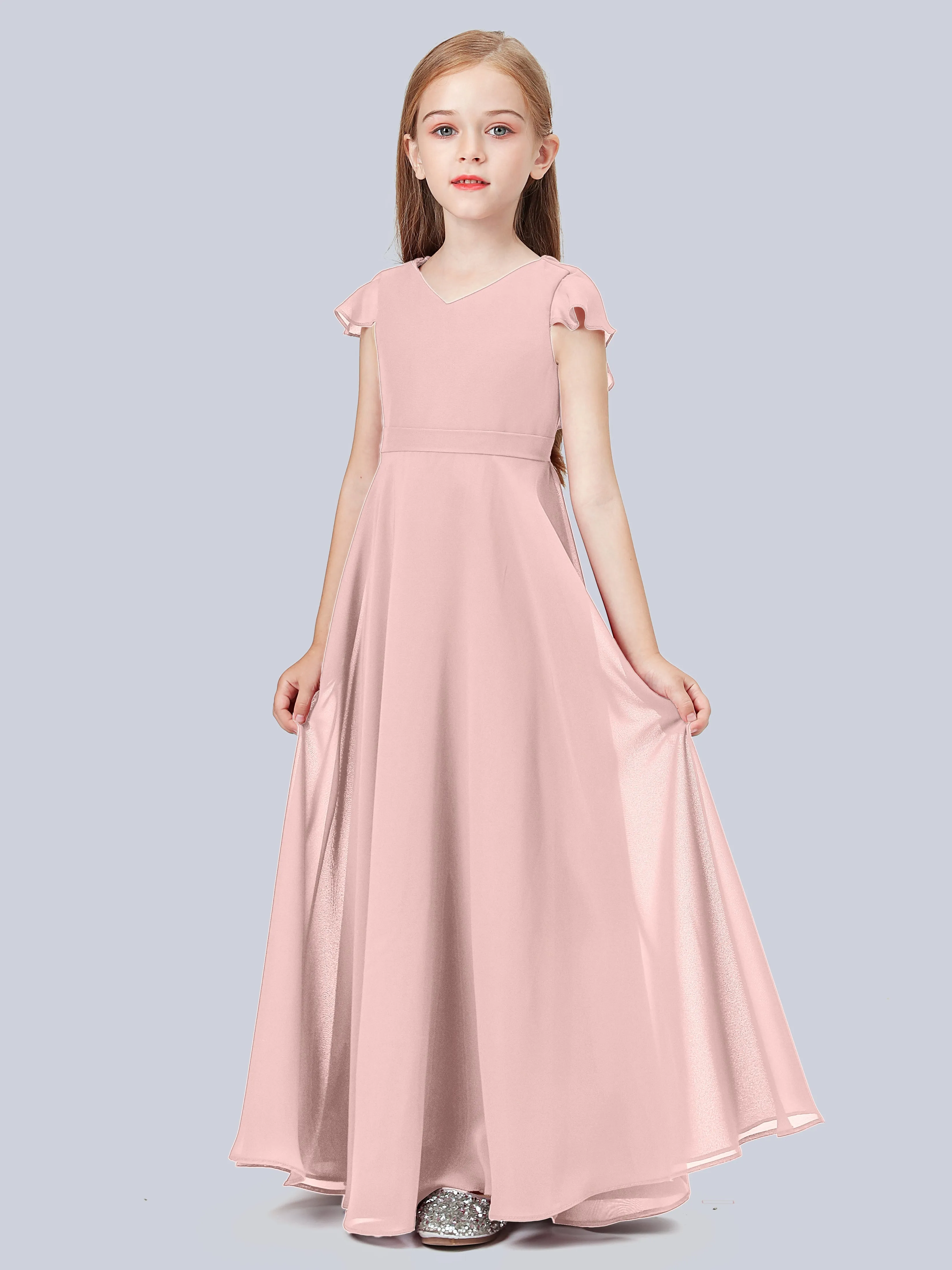 Flounce Cap Sleeves Chiffon Junior Bridesmaid Dress