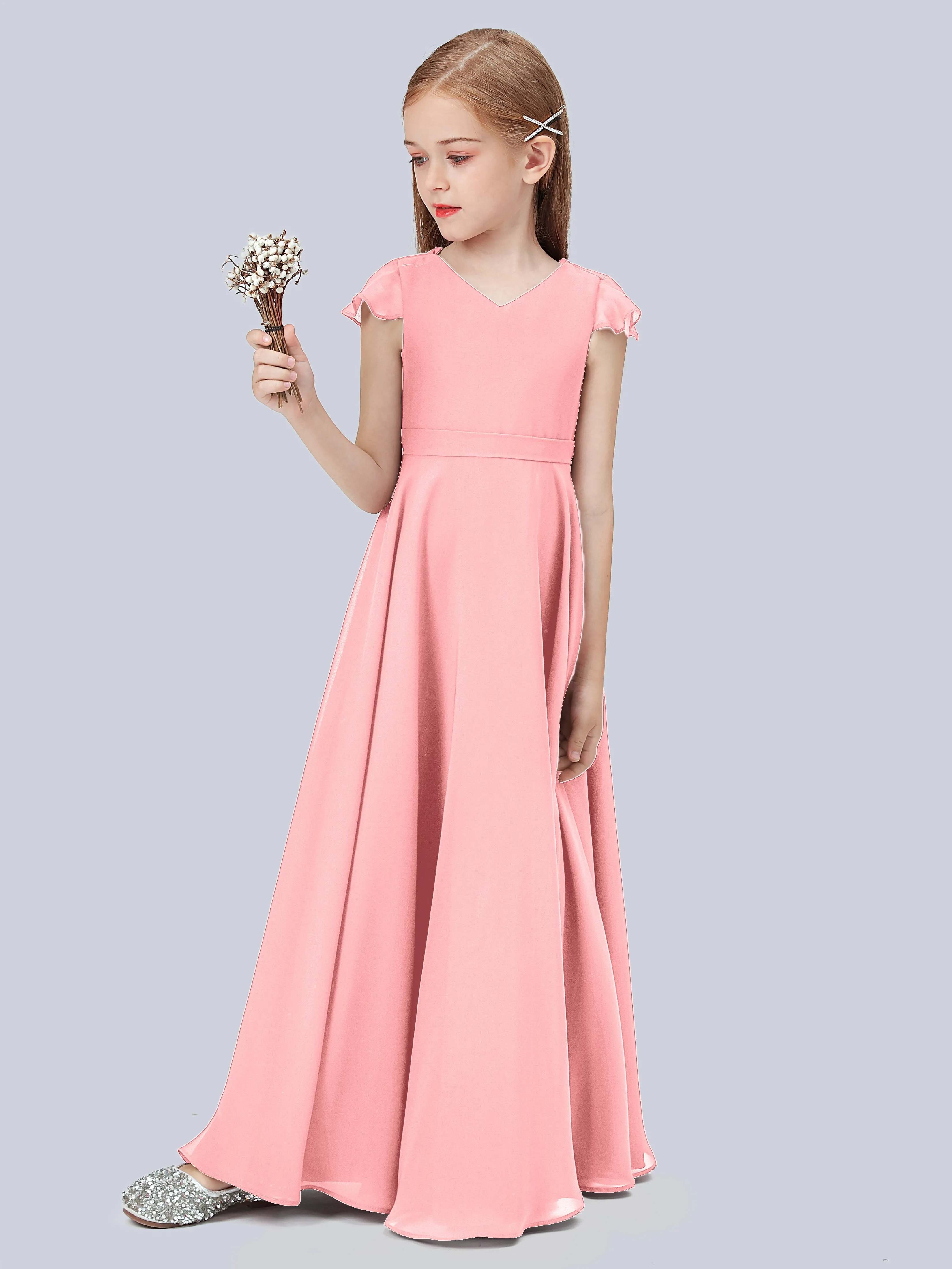 Flounce Cap Sleeves Chiffon Junior Bridesmaid Dress