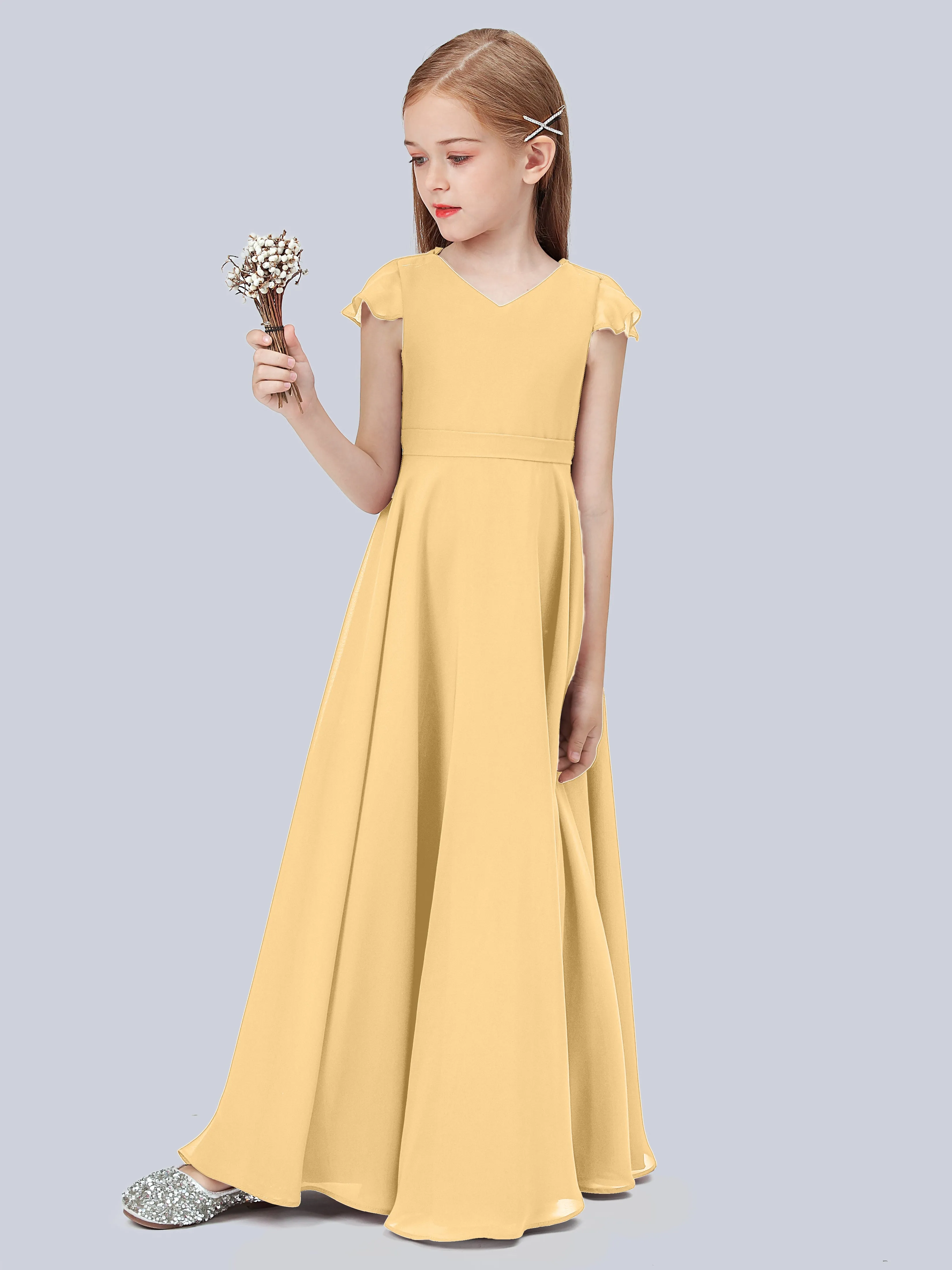 Flounce Cap Sleeves Chiffon Junior Bridesmaid Dress