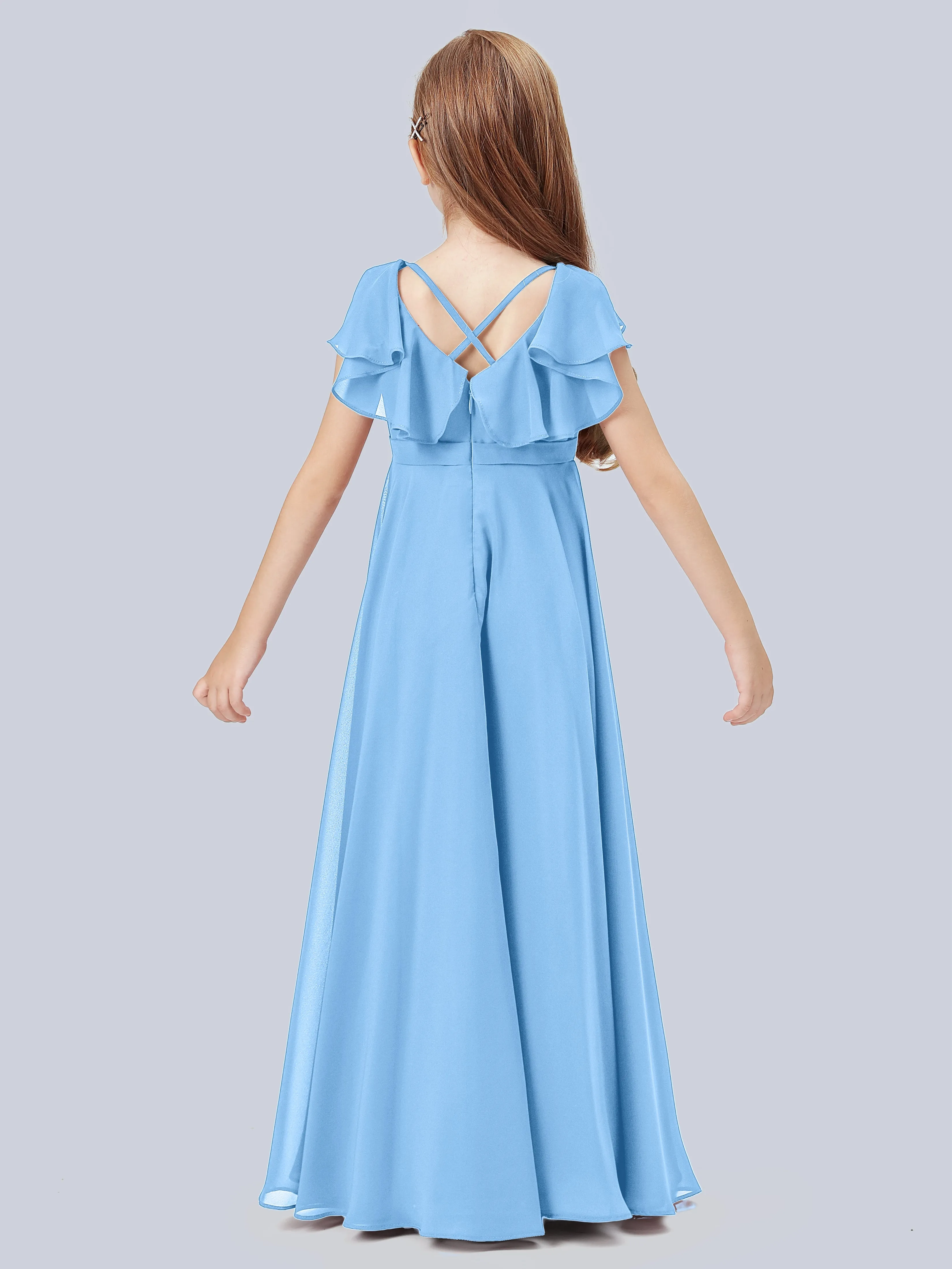 Flounce Cap Sleeves Chiffon Junior Bridesmaid Dress