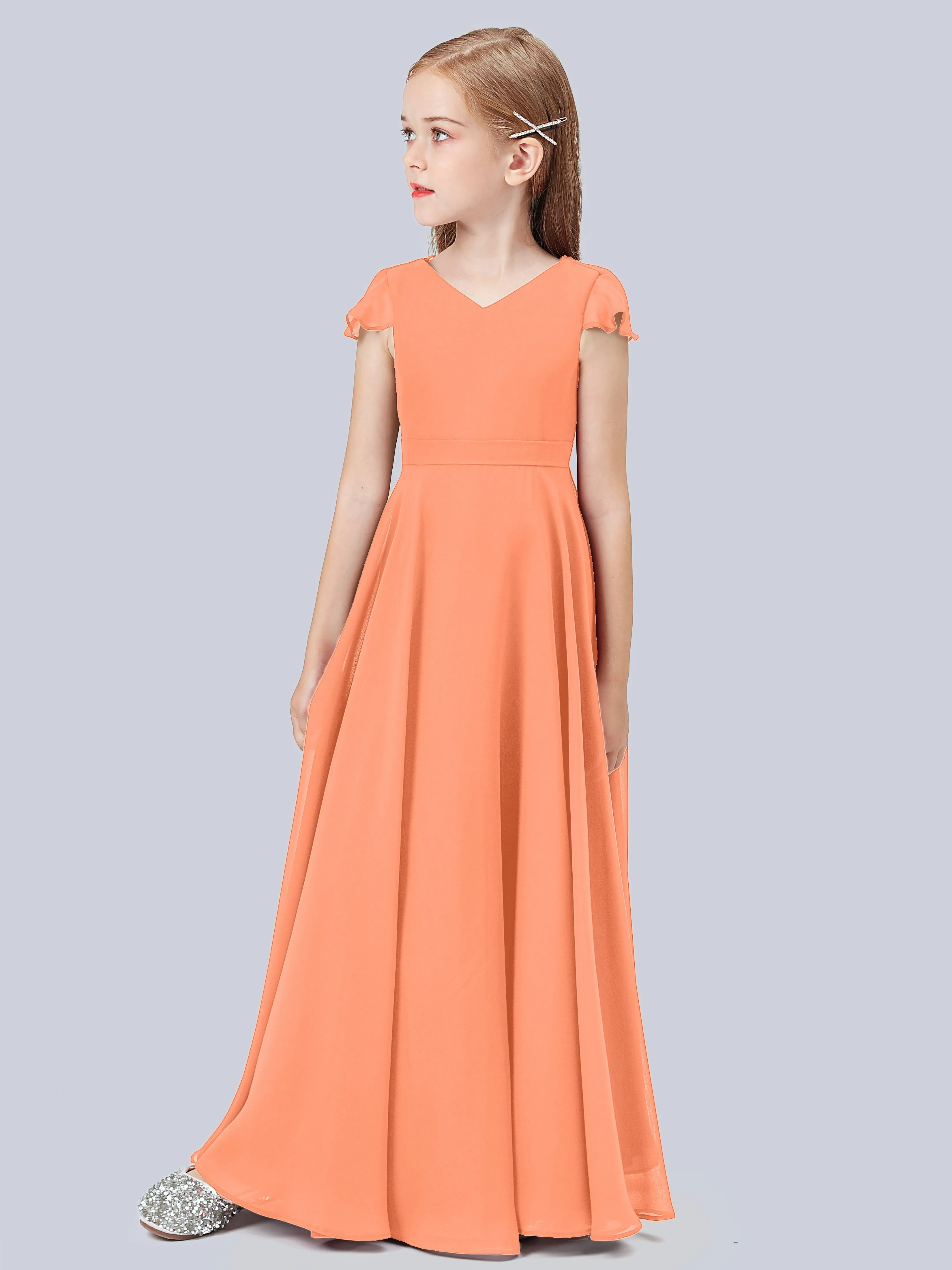 Flounce Cap Sleeves Chiffon Junior Bridesmaid Dress