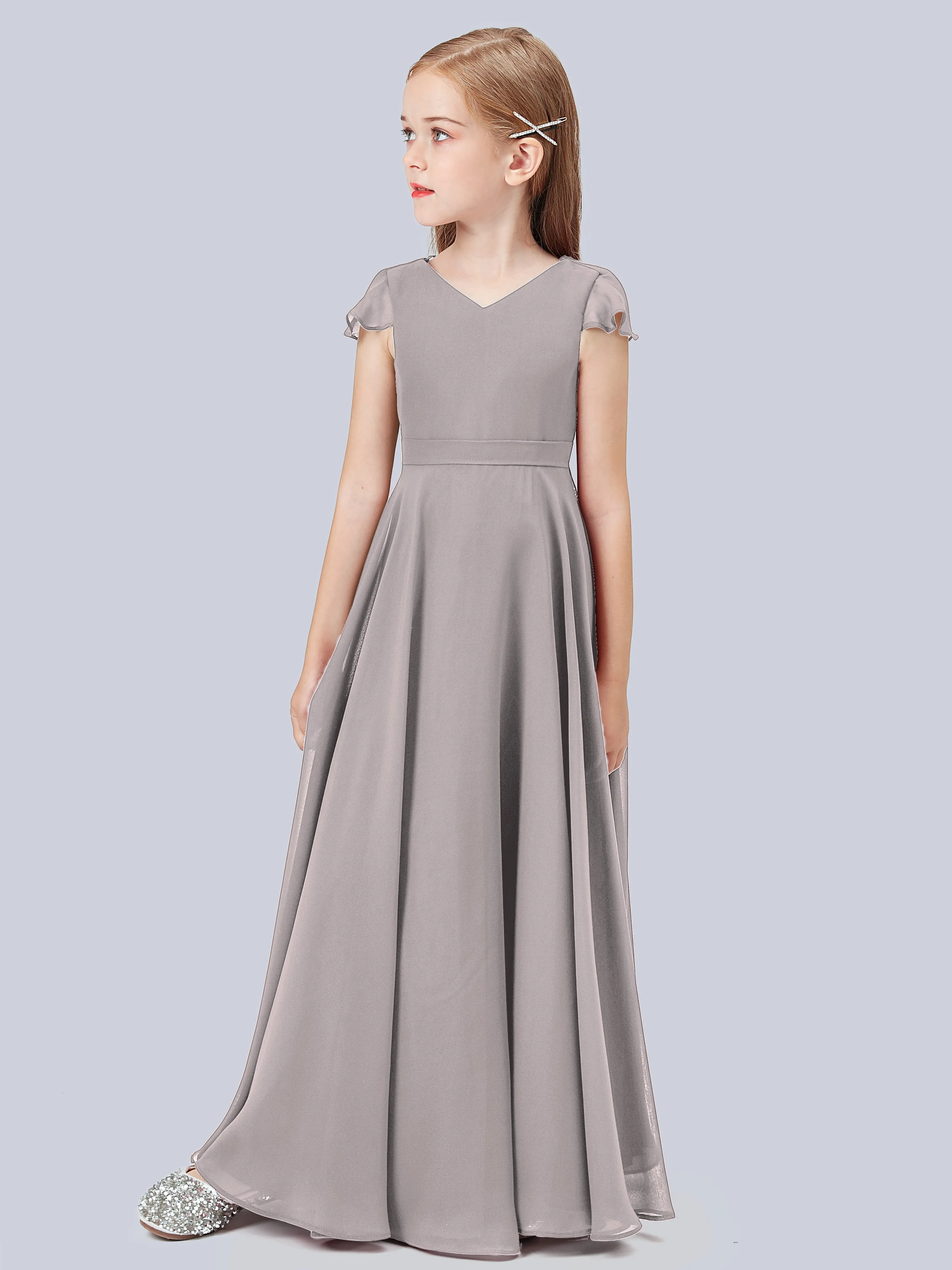 Flounce Cap Sleeves Chiffon Junior Bridesmaid Dress