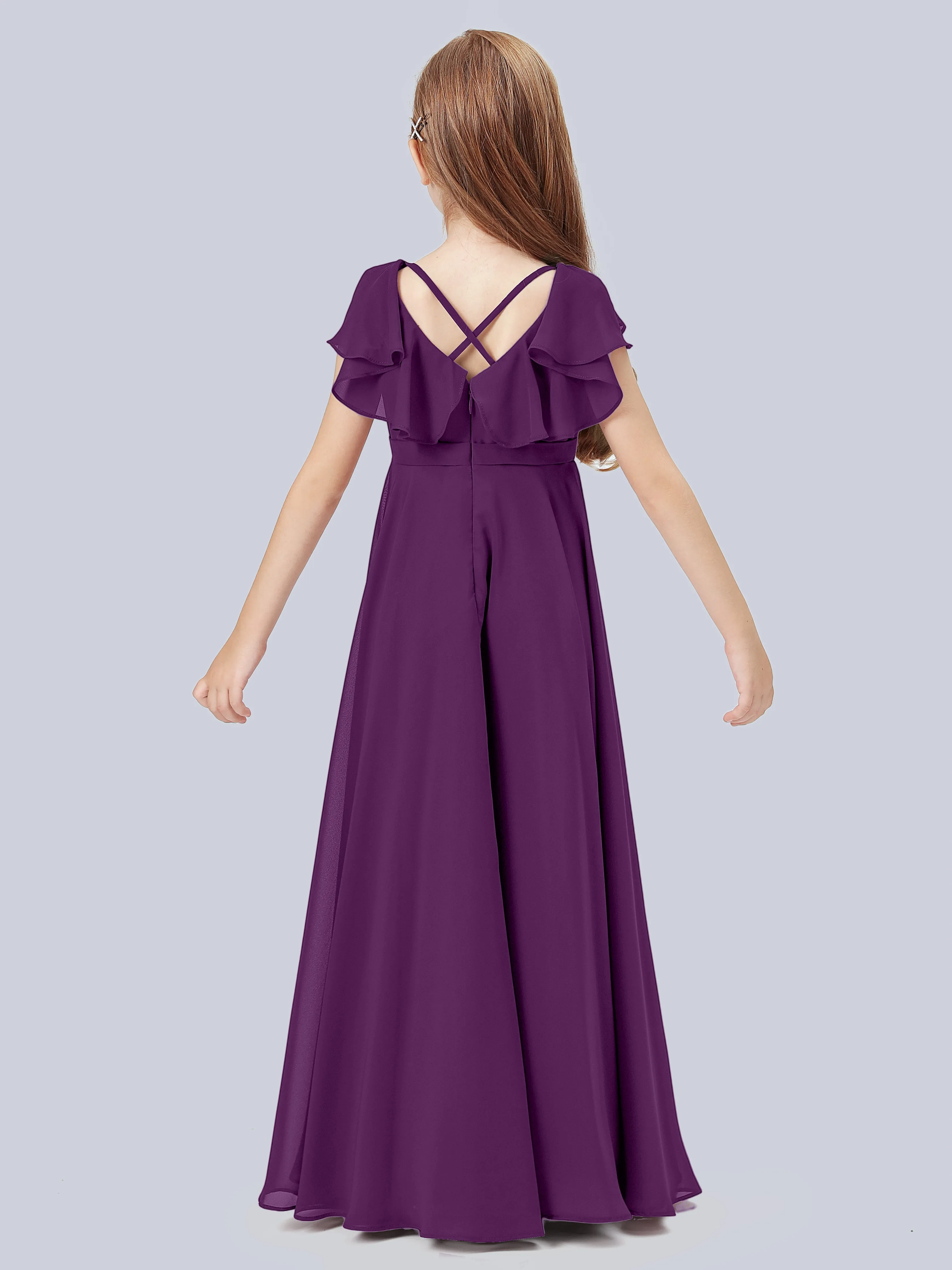 Flounce Cap Sleeves Chiffon Junior Bridesmaid Dress