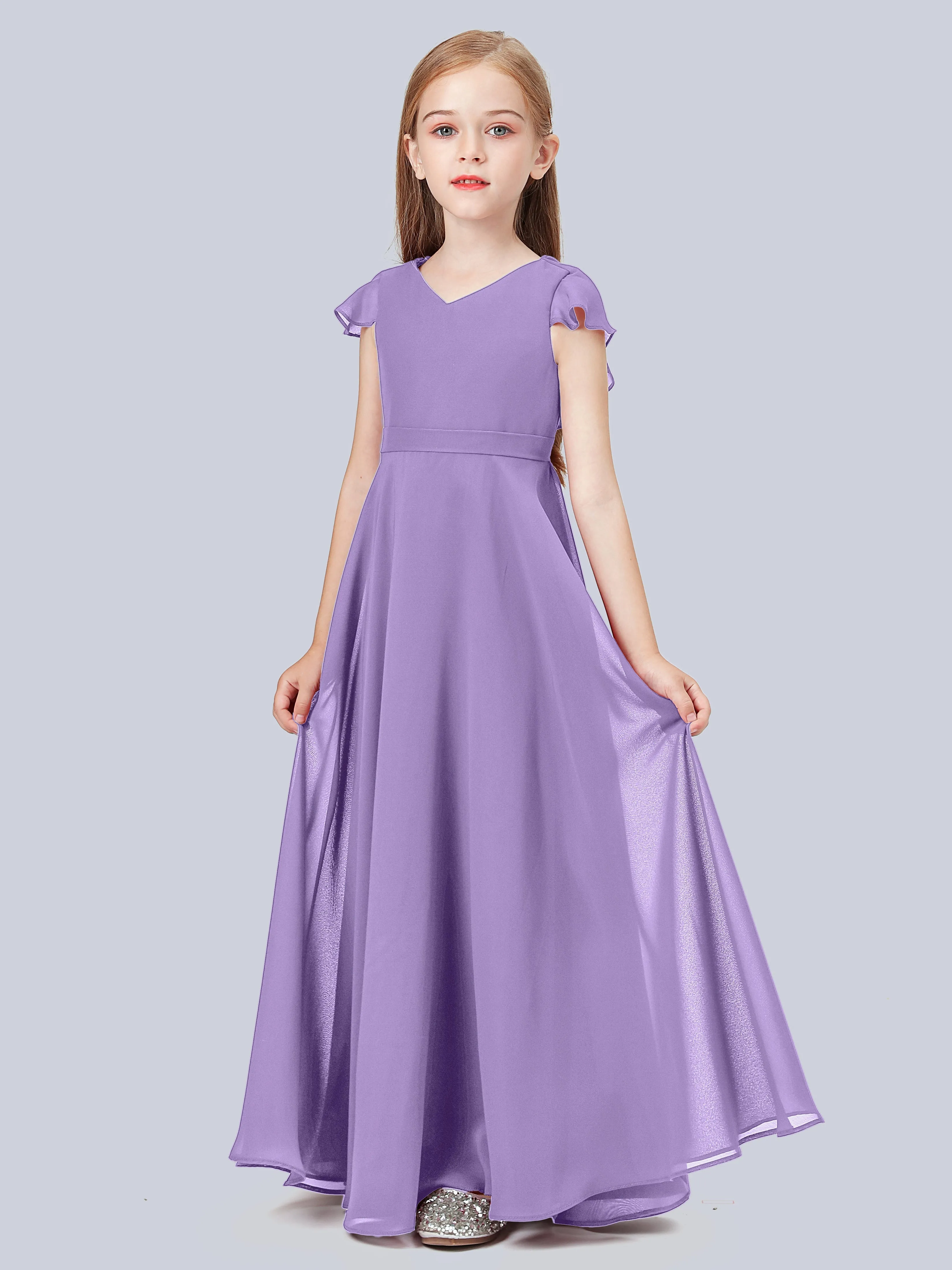 Flounce Cap Sleeves Chiffon Junior Bridesmaid Dress