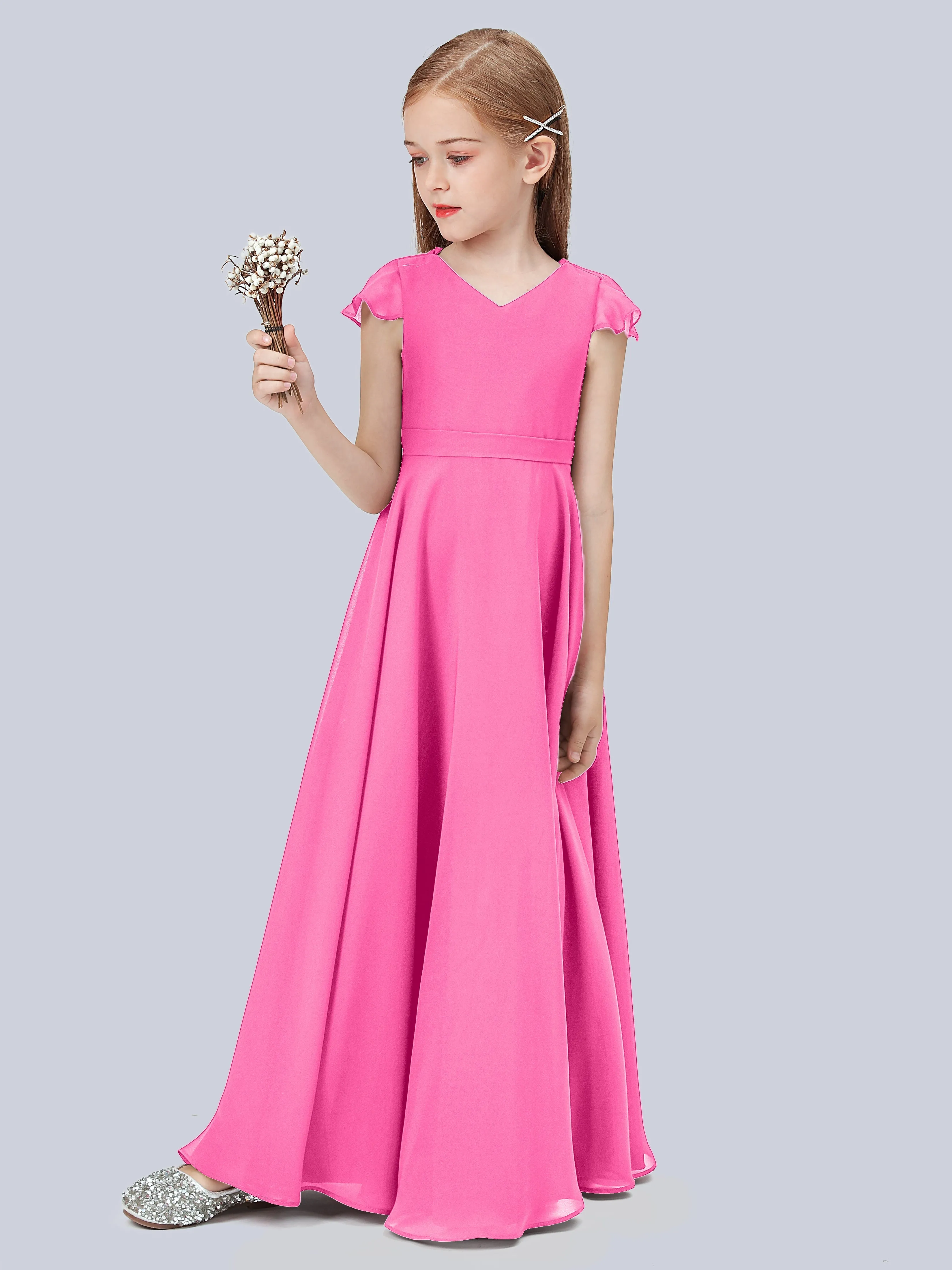 Flounce Cap Sleeves Chiffon Junior Bridesmaid Dress