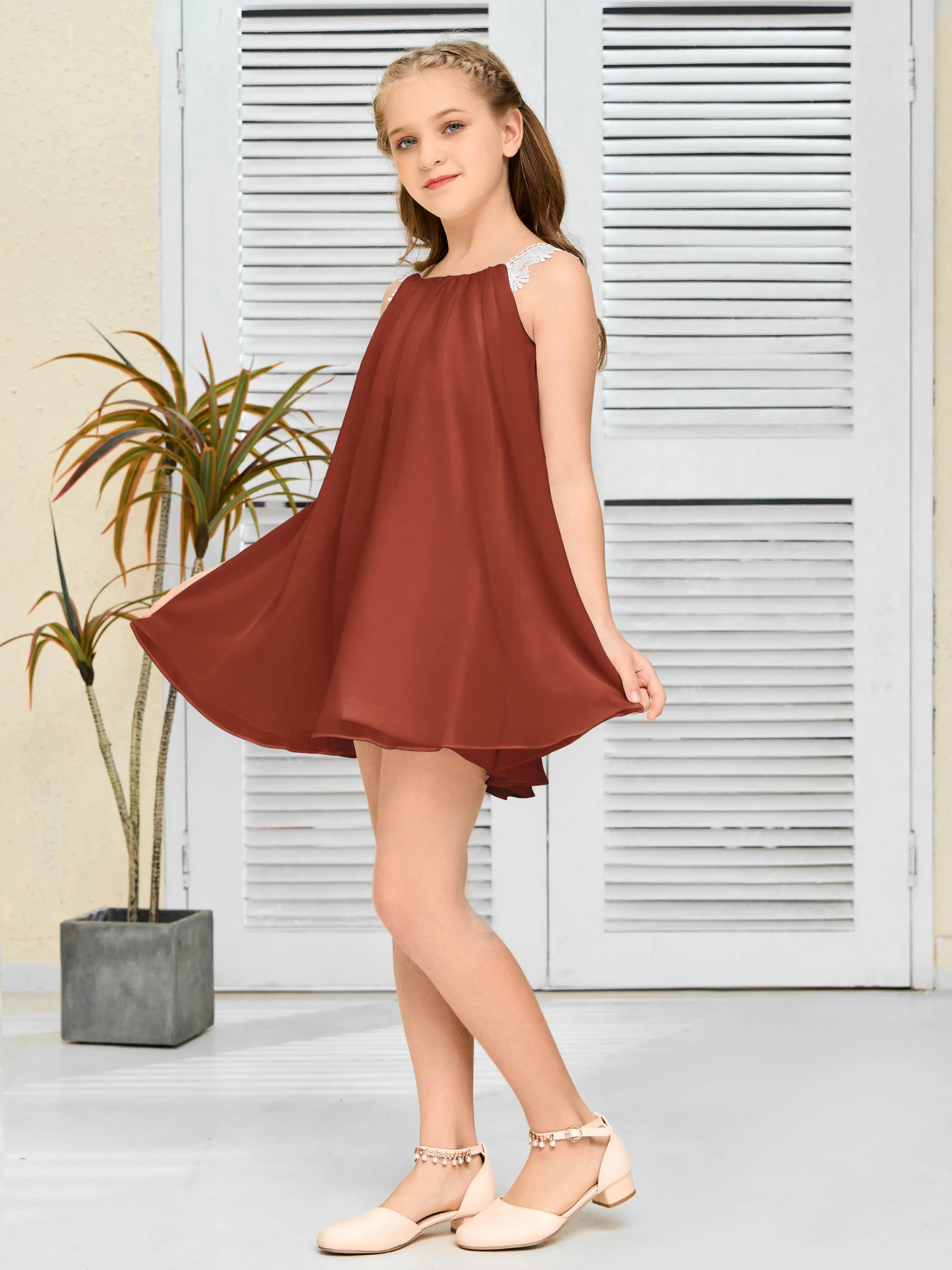 Fluffy Lace Straps Chiffon Junior Bridesmaid Dress