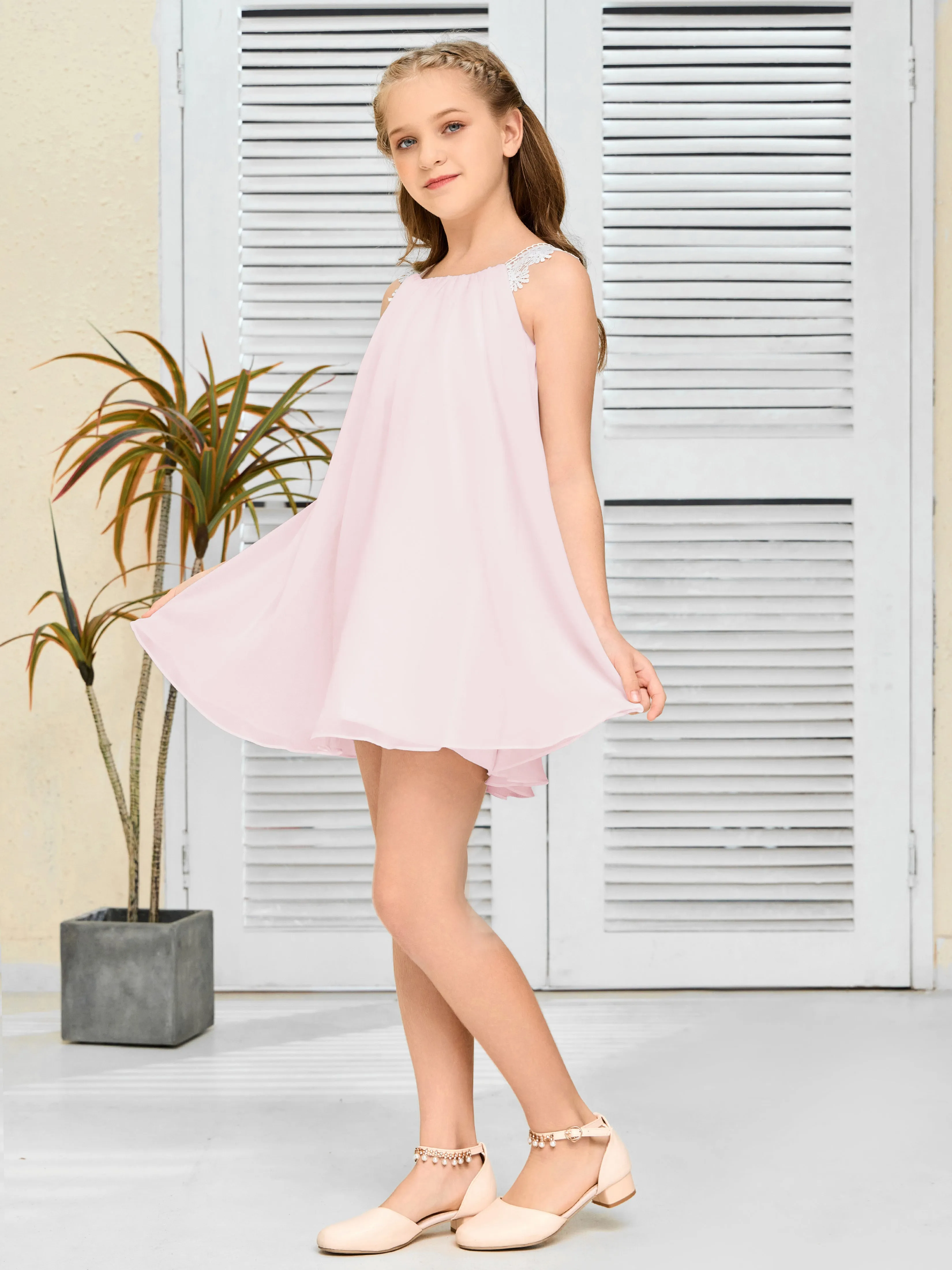 Fluffy Lace Straps Chiffon Junior Bridesmaid Dress